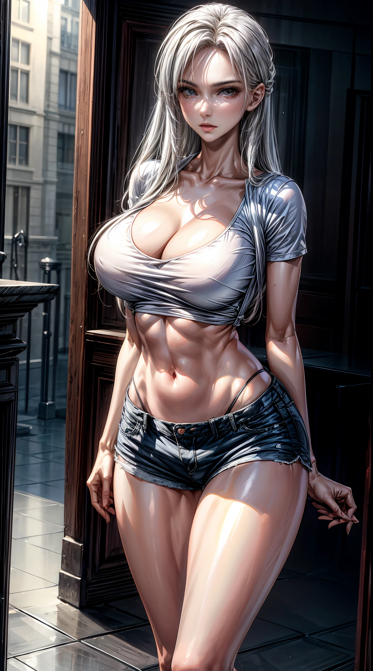 Best quality， tmasterpiece， A high resolution，8K，（realistically：1.4），超A high resolution，1个Giant Breast Girl， ultra - detailed， hyper realisitc， Very detailed CG illustration， offcial art， 电影灯光， actual， Young and beautiful girl， perfect body figure， perfect body figure， full pov， perfect bodies， （Starting below：1.3）， lacivious pose， long sexy legs， Self-confident， Beautiful Sexy， Gray short sleeves， Open the abdomen， Super Shorts， S-shaped body， hip is cocked，placed in a，lewd poses，Different Perspectives