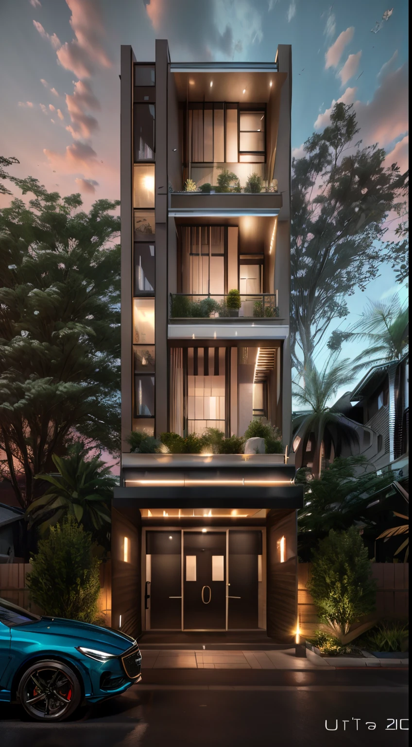 a view of a car parked in front of a tall building, realistic architecture, very realistic, exterior design, wide angle exterior 2022, ultra modern, architectural shot, vertical architecture, RAW photo, high quality, authentic, super detail, exterior, outdoors, Bauhaus style house, modern, dynamic (RAW photo, real, best quality, masterpiece:1.2), (hyper realistic, photo-realistic:1.2), (dark lighting:1.2), perfect lighting, arch daily (day:1.1)