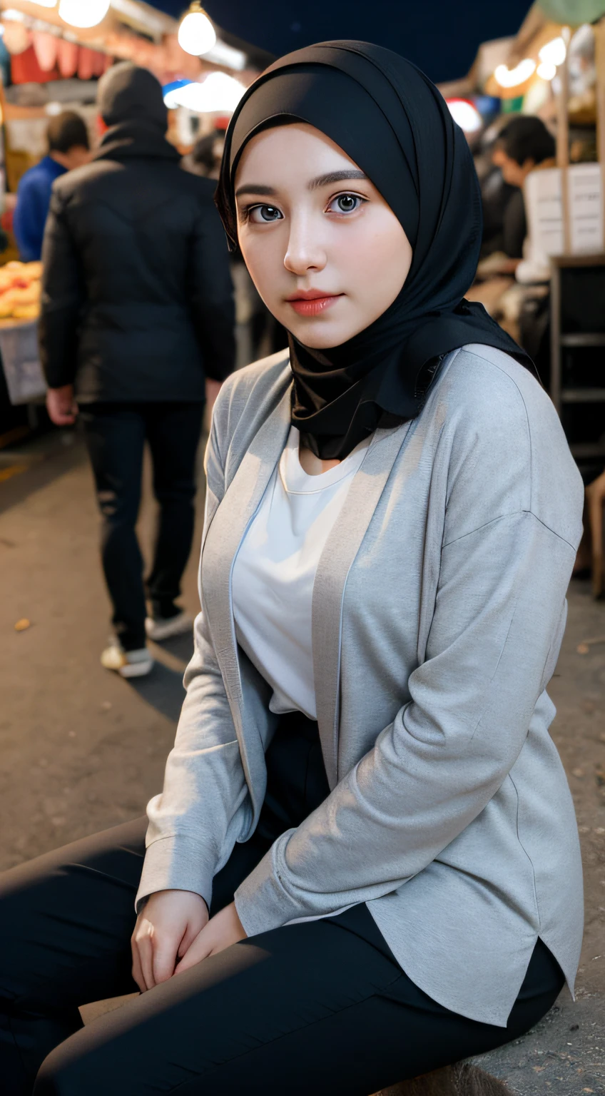 1 Girl, Beautiful, Russian Baby Face, 28 Years Old, White Skin, Hijab, grey long shirt, black long pants, Big Chest, looking directly at the camera, sitting in night market, beautiful pose, full body: 1.3, 8k uhd, dslr, (realistic face), realistic eyes, beautiful detailed eyes, (realistic skin), beautiful skin, ultra high res, ultra realistic, highly detailed,