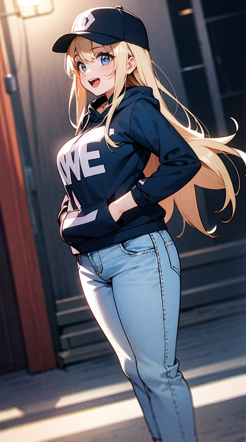 Girl,cute face,cute big eyes,hoodie,jeans,put on cap,in the night back street,hands in pocket,laughing,open mouth,masterpiece,ultra detail,ultra quality,ultra precision,8k,No extra arms,No extra hands,No extra fingers,No extra legs,