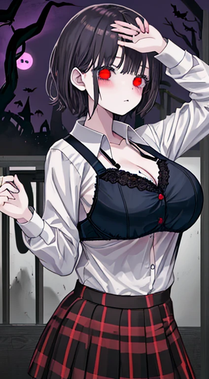 A sexy girl lying on the bed, pov, unbuttoned shirt, bra, big breasts, black bra, embarrassed face, blushing, ((red eyes, black hair, short hair, demon horns)), (pov you grab her hands), sexy, sexual tension, ero, perverted girl, boyfriend's point of view, beautiful girl, demon girl, succubus, (innocent face), sensual, miniskirt, wet panties, sweat, lewd expression, ((kabedon pov))