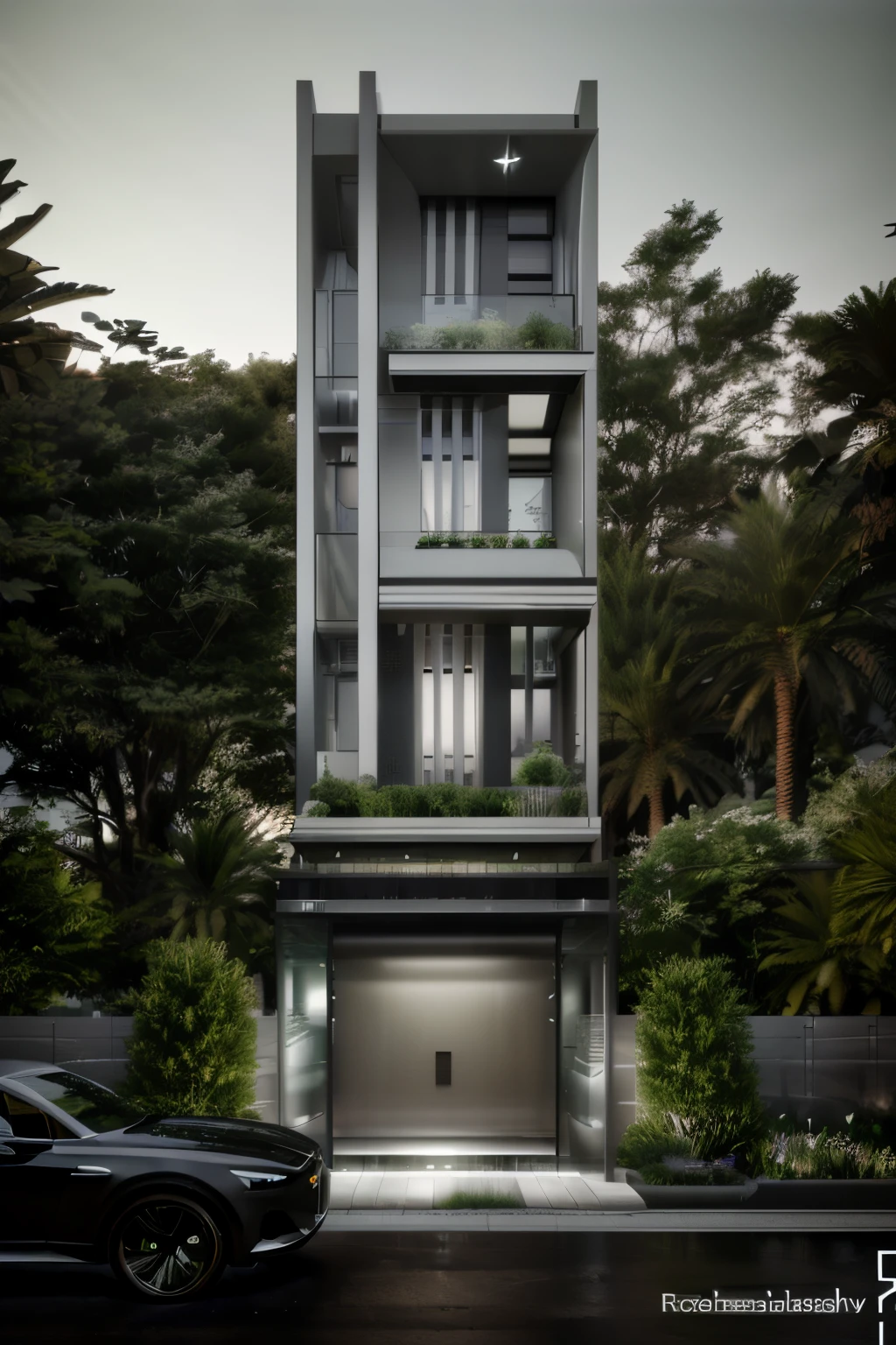a view of a car parked in front of a tall building, realistic architecture, realistic concept, very realistic 3 d render, exterior design, realistic building, wide angle exterior 2022, ultra modern, arhitectural shot, contemporary house, concept house, stacked houses, house, realistic 3 d style, architectural render, very realistic render, vertical architecture, RAW photo,Masterpiece, high quality, best quality, authentic, super detail, exterior, outdoors,Bauhaus style house, glass house with a sloping roof, modern, dynamic (RAW photo, real, best quality, masterpiece:1.2), (hyper realistic, photo-realistic:1.2), high quality, (dark lighting:1.2), perfect lighting, archdaily (day:1.1), vivid colour,vray render