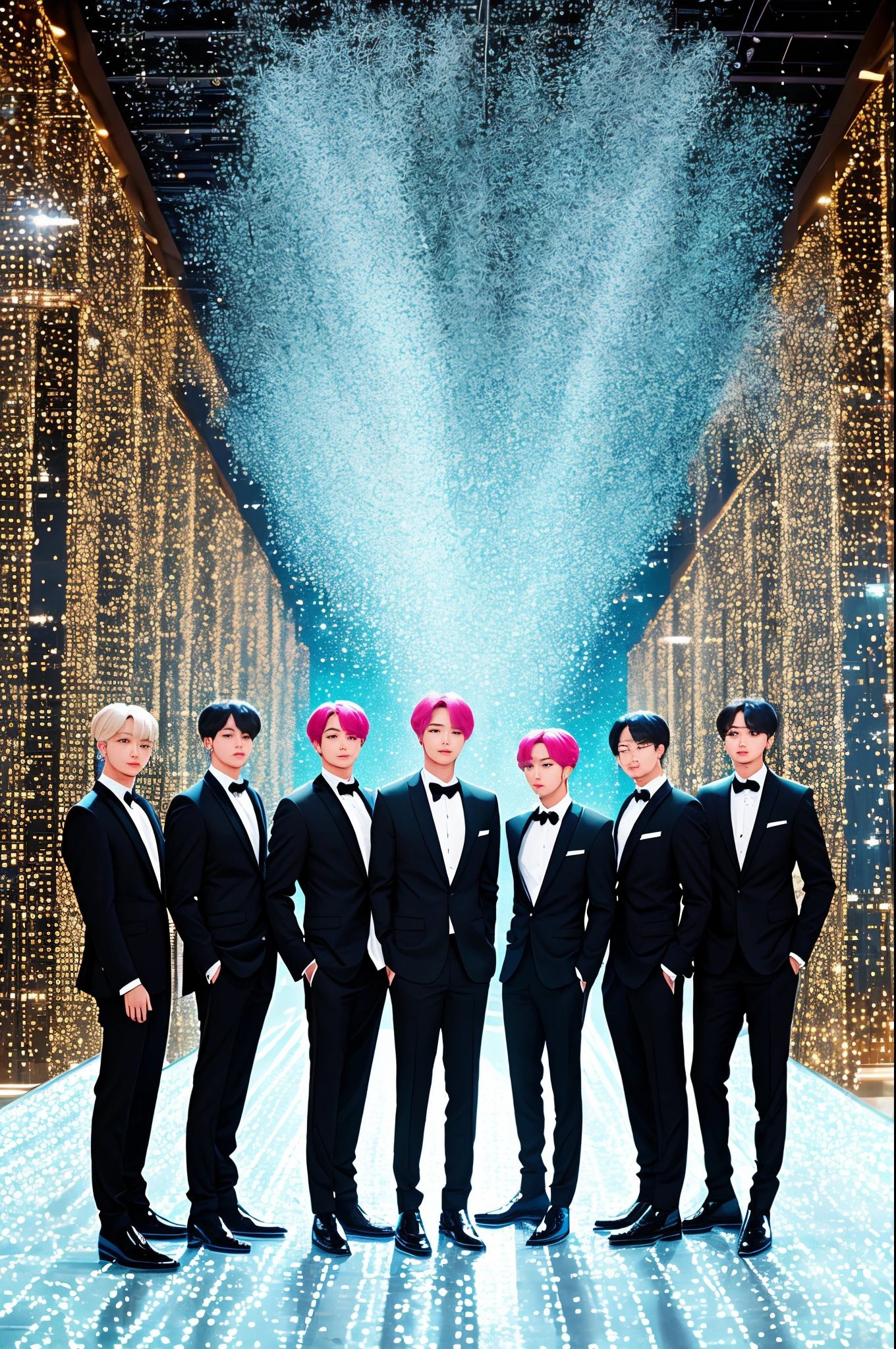 RAW photo,Full body shot of  seven men that look like BTS kpop group  wearing a suit , a peaceful expression on their face, surrounded by the soft, sparkling glow of thousands of diamonds, 8k uhd, dslr, soft lighting, high quality, film grain, Fujifilm XT3