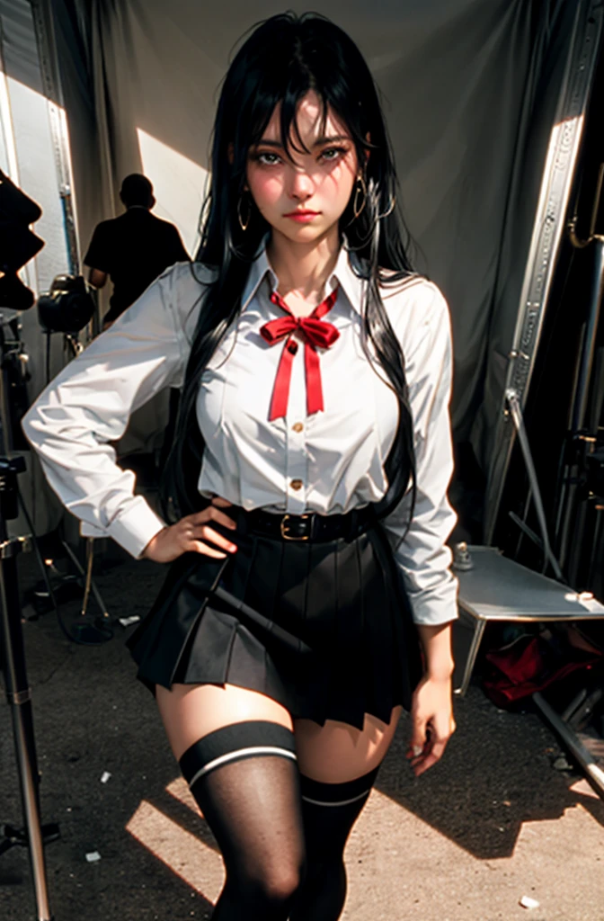 (full figure:1.1), 1 girl as yukino yukinoshita, absurdres, highres, solo, school uniform, big breasts, waist long black hair, (twintails:0.5), miniskirt, (black thighhigh socks:1.1), loose red ribbon, unbuttoned white shirt, (ahegao:1.1), (rolling eyes:1.1), (in a movie set:1.5)