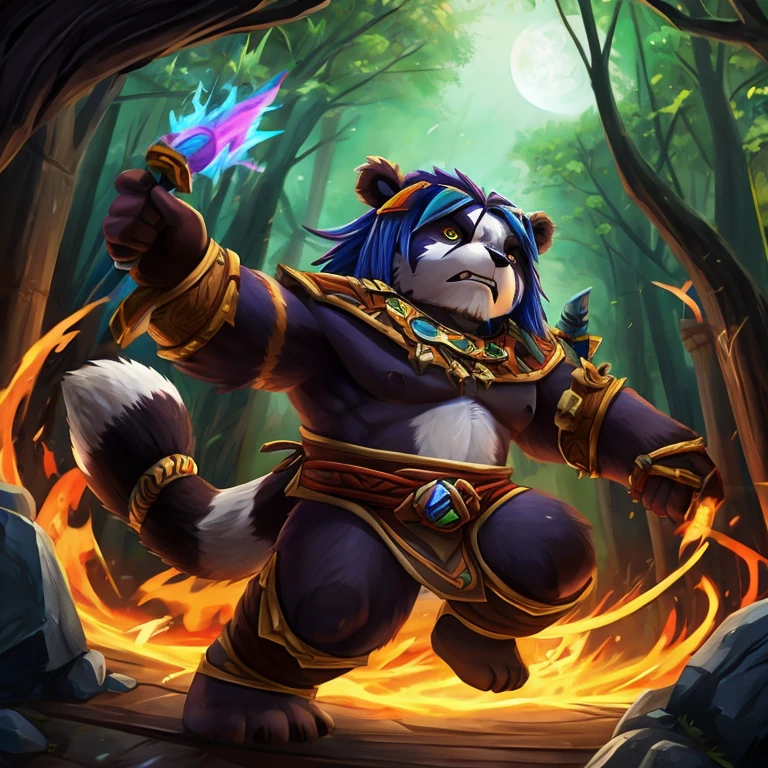 A World of Warcraft style painting,A pandaren elemental shaman fights with his own power