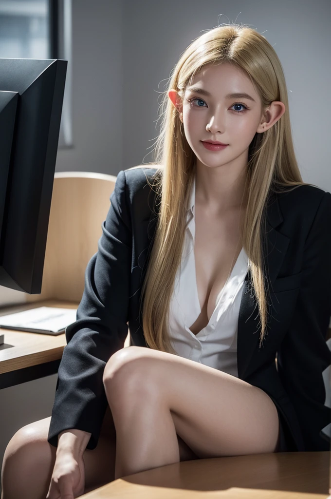 Ultra-realistic, realistic capture, high detail, high resolution 16K human skin close-up Skin texture must be natural, pores so detailed that they can be finely identified, Mix4, 20d, SOLO, full body, look-at viewer, (8K, RAW capture, finest 1), (Real Photo 2), (Real Photo Realistic: 1.37), professional lighting, photon mapping, radiosity, physics-based rendering, elven beauty with elongated ears, large bust, ideal figure, blue eyes, sitting at office desk, glaring at us, black blazer, semi-long blonde hair, smiling gently,