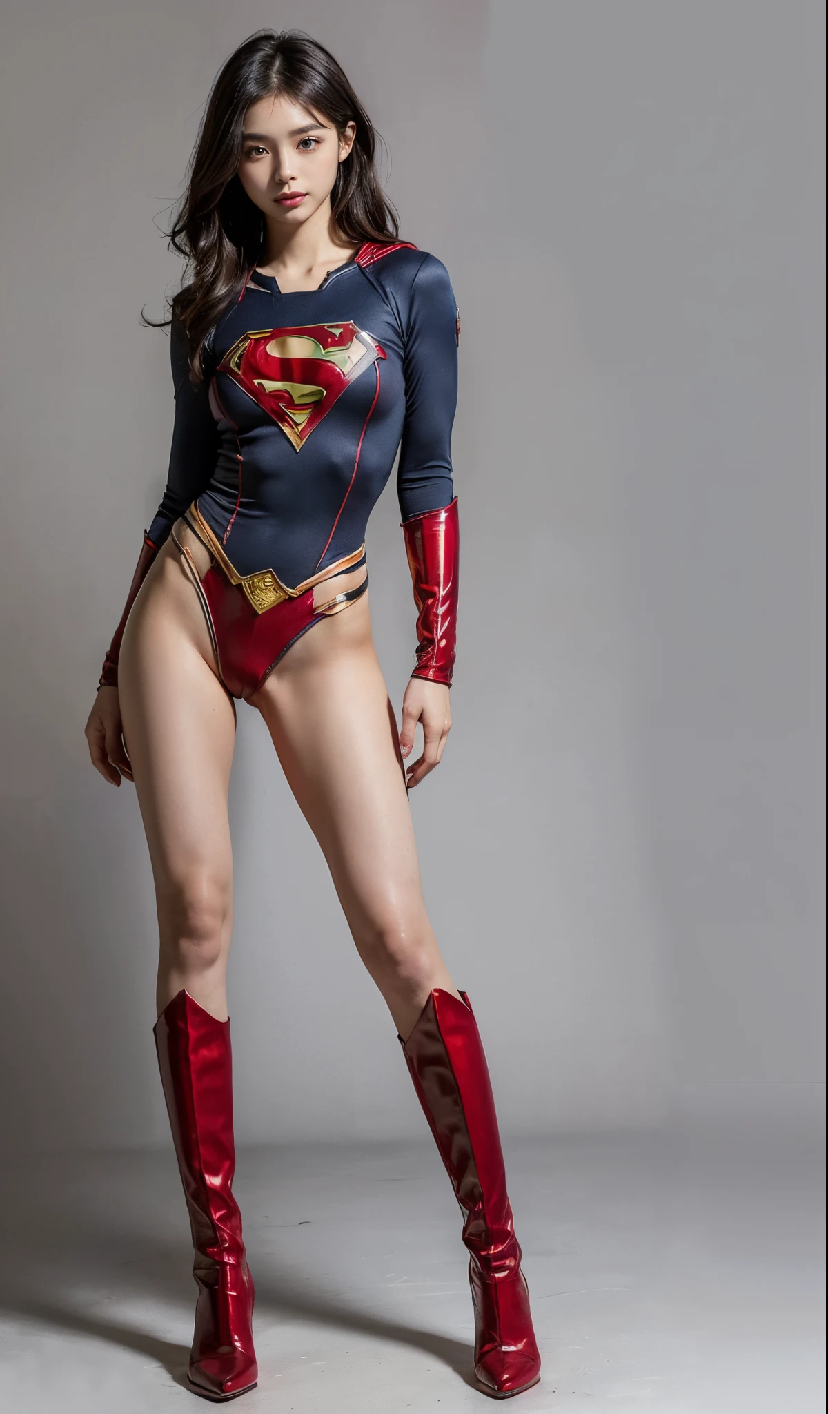 (((Wear black tights on your beautiful legs.)))、(((Grow legs、tall、Legally expressing the beauty of your smile)))、((((Make the most of the original image)))、(((Supergirl Costume)))、(((beautiful hairl)))、(((Suffering)))、(((Feet must necessarily be worn with black tights)))、(((You need to wear red boots)))、((Top image quality、8K))、((top-quality、8K、masterpiece:1.3))、(((Keep Background )))、Crisp focus:1.2、Beautiful woman with perfect body shape:1.4、Slender Abs:1.2、a wet body:1.5、Highly detailed facial and skin texture、8K