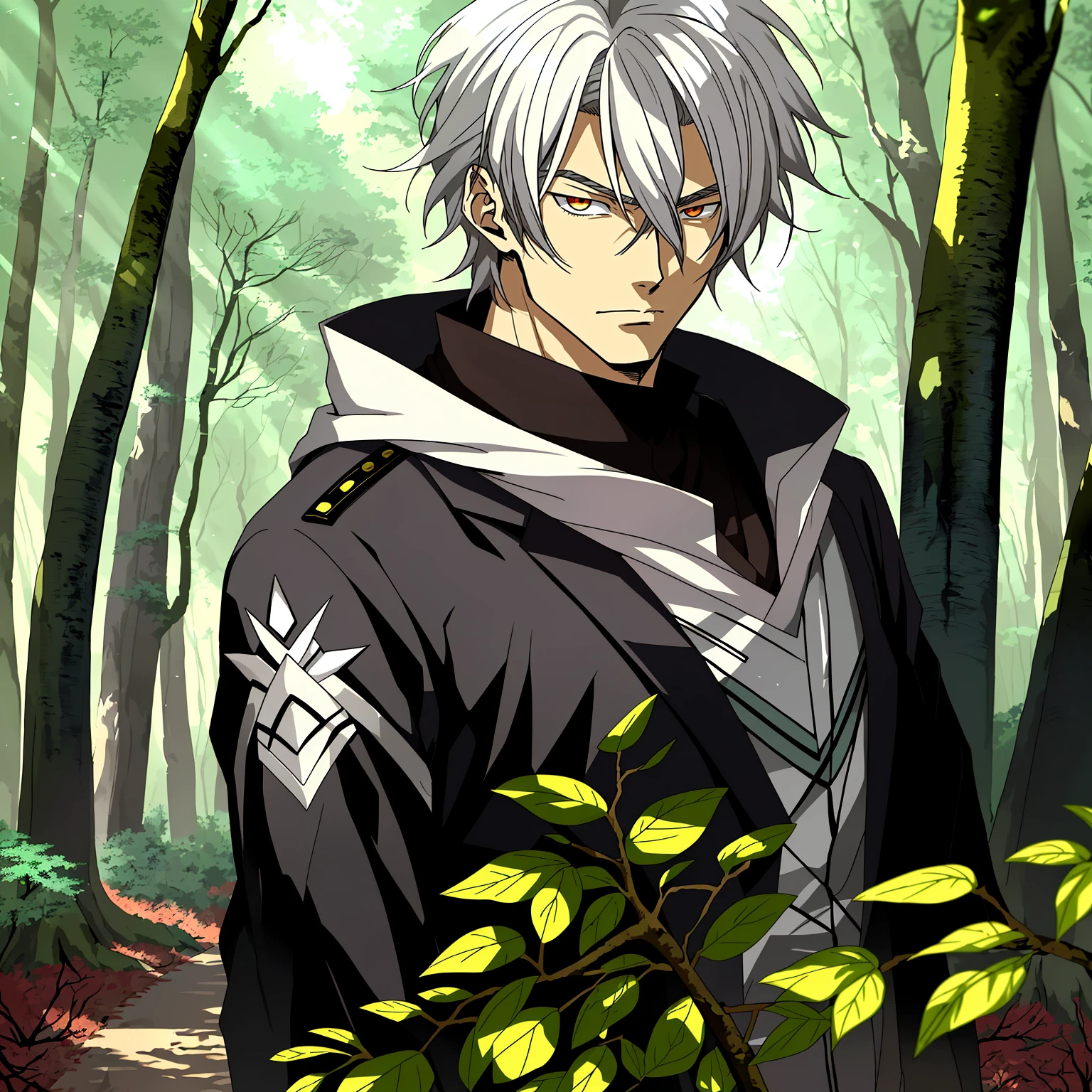 Anime character with white hair and eyes in the woods, Anime portrait of a handsome man, tall anime man with eyes, Anime handsome man,
