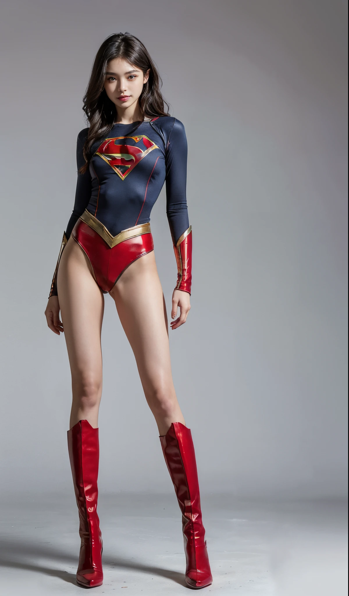 (((Wear black tights on your beautiful legs.)))、(((Grow legs、tall、Legally expressing the beauty of your smile)))、((((Make the most of the original image)))、(((Supergirl Costume)))、(((beautiful hairl)))、(((Suffering)))、(((Feet must necessarily be worn with black tights)))、(((You need to wear red boots)))、((Top image quality、8K))、((top-quality、8K、​masterpiece:1.3))、(((Keep Background )))、Crisp focus:1.2、Beautiful woman with perfect body shape:1.4、Slender Abs:1.2、a wet body:1.5、Highly detailed facial and skin texture、8K