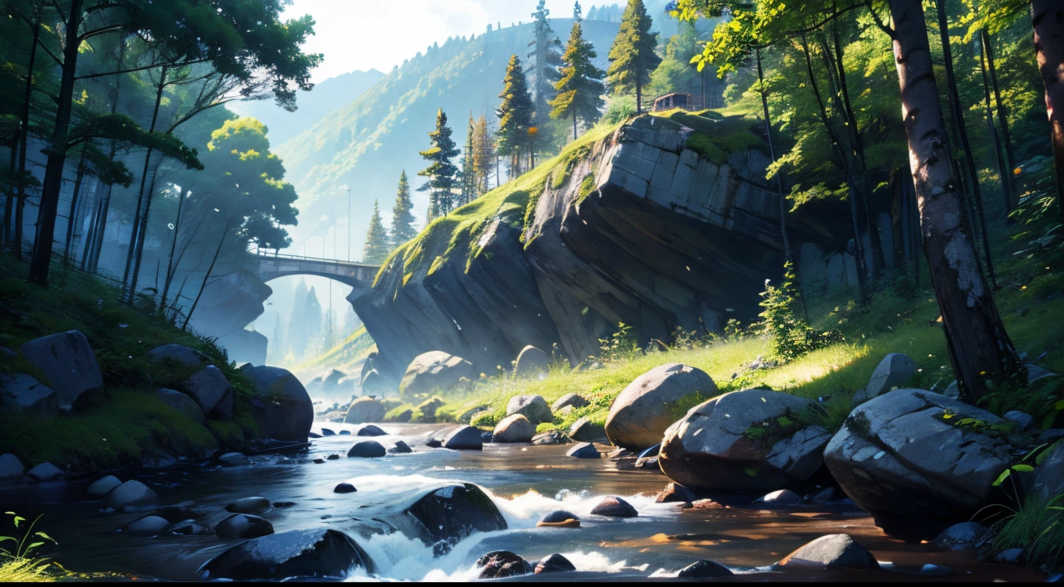 Best Quality、masutepiece、8K、mont、landscapes、（ln the forest、boulders、earth)、during daytime