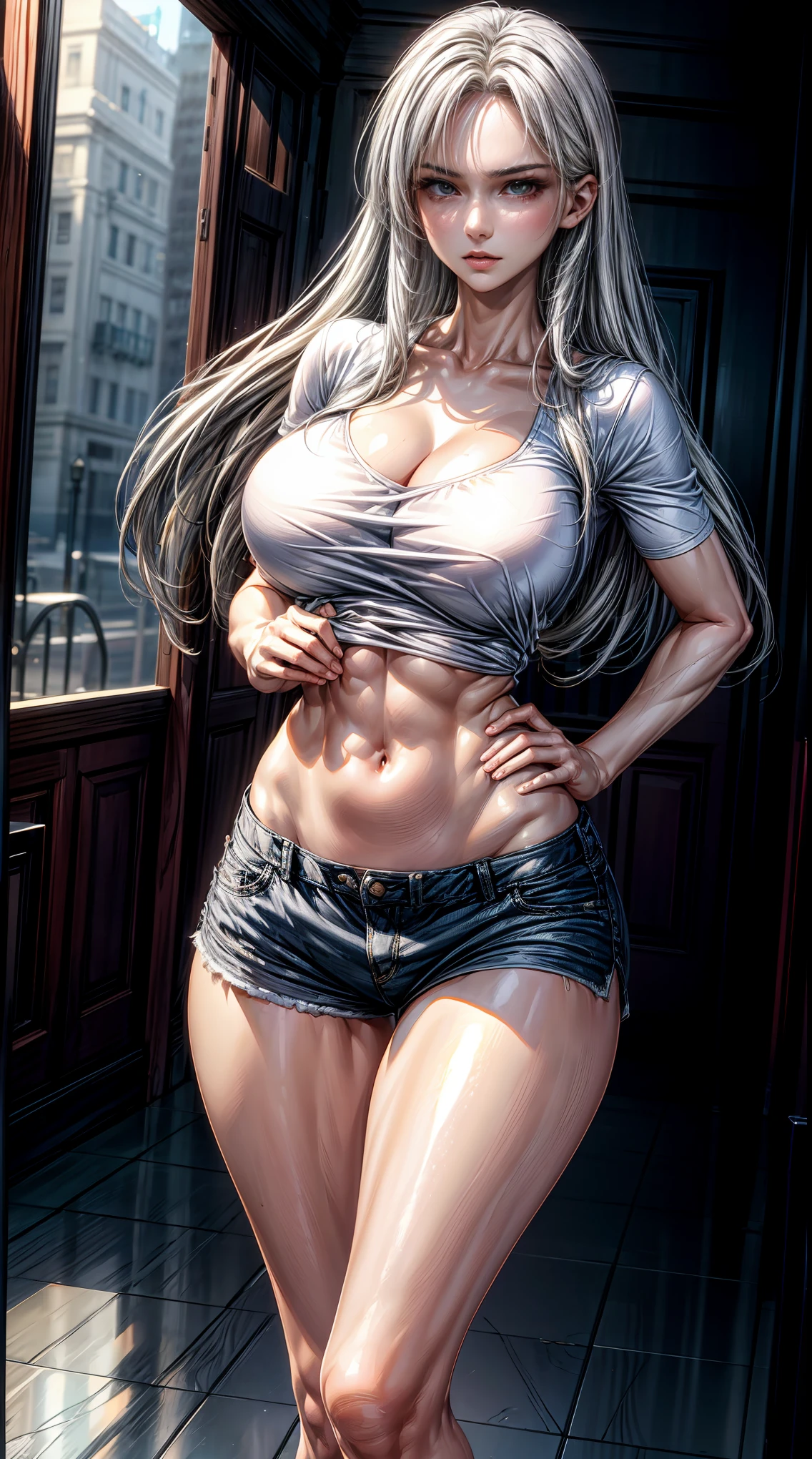 Best quality, tmasterpiece, A high resolution,8K,(realistically:1.4),超A high resolution,1个Giant Girl, ultra - detailed, hyper realisitc, Very detailed CG illustration, offcial art, 电影灯光, actual, Young and beautiful girl, perfect body figure, perfect body figure, full pov, perfect bodies, (Starting below:1.3), lacivious pose, long sexy l, Self-confident, Beautiful Sexy, Grahort sleeves, Open the abdomen, Super Shorts, S-shaped body, hip is cocked,place a,lewd poses,Diffe Perspectives