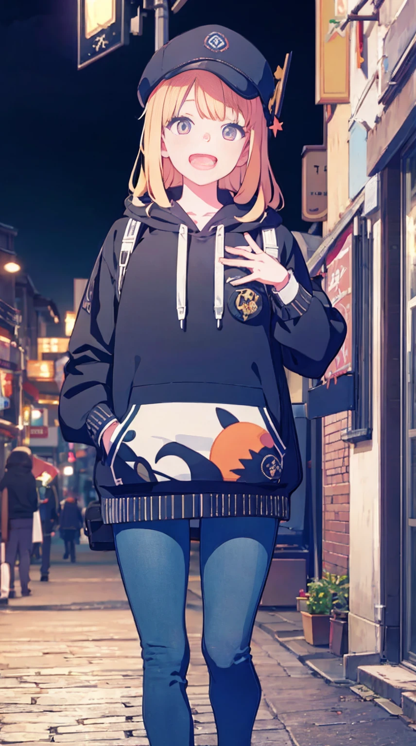 girl,Cute face,cute large eyes,Hoodie,jeans,Put on the cap,In the back streets at night,hands in the pocket,Laughing,Open mouth,masutepiece,Ultra Detail,ultra-quality,super precision,8K,No extra arms,no extra hands,No extra fingers,No extra legs,