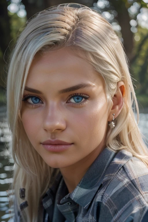 (((Jesika Radoslav))), ((platinum blonde)), (full-body portrait: 1.4), 21-year-old, (blue-eyed woman), by the edge of a majestic lake, RAW uhd portrait photo, natural medium breast, (flannel shirt tied in the front), (crack), detailed (texture!, hair!, shine, color!!, flaws: 1.1), highly detailed glowing eyes, (looking at camera), specular light, dslr, extreme quality, sharp focus, sharp, dof, Film grain, (centered), Fujifilm XT3, crystal clear, center of frame, cute face, sharp focight sunshine), low key, day, (daylight) detailed skin pores, oil Dark skin, brown, complex eye details, zoom out, blue eyes