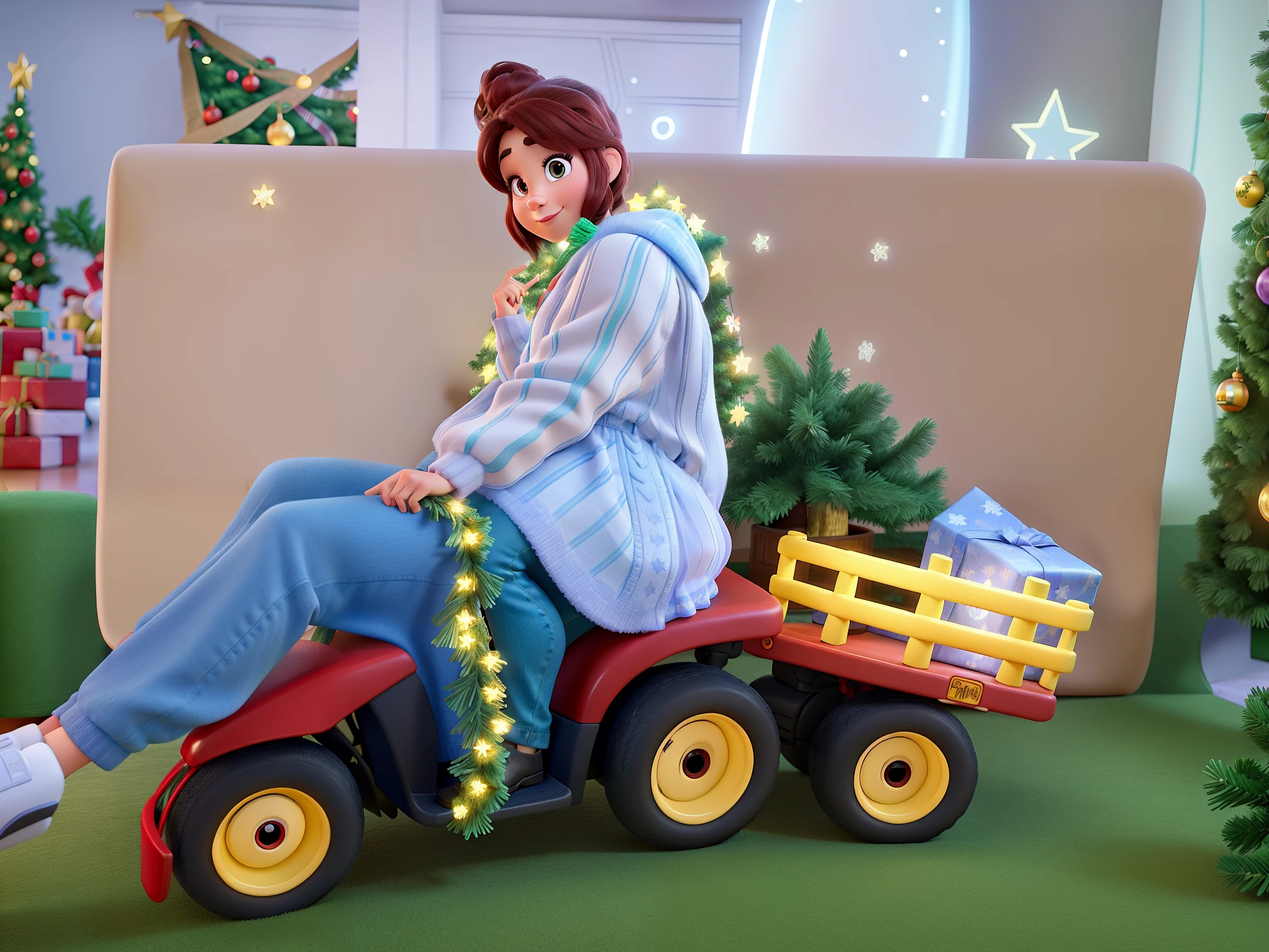 High quality Disney Pixar style image and a woman taking a selfie in front of a Christmas tree, la noche, With a tree in the background and flashing lights., Temporada de vacaciones, Pareja feliz