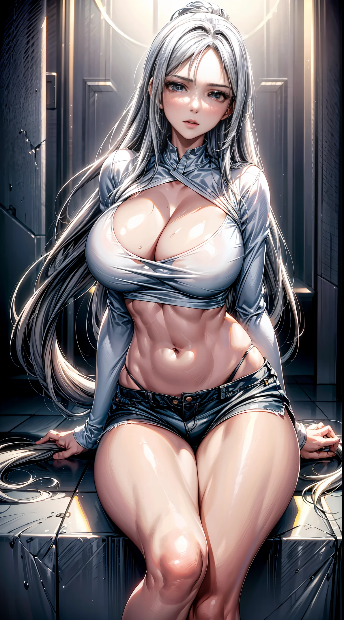 Best quality, tmasterpiece, A high resolution,8K,(realistically:1.4),超A high resolution,1个Giant Breast Girl, ultra - detailed, hyper realisitc, Very detailed CG illustration, offcial art, 电影灯光, actual, Young and beautiful girl, perfect body figure, perfect body figure, full pov, perfect bodies, (Starting below:1.3), lacivious pose, long sexy legs, Self-confident, Beautiful Sexy, Gray short sleeves, Open the abdomen, Super Shorts, S-shaped body, hip is cocked,placed in a,lewd poses,Different Perspectives