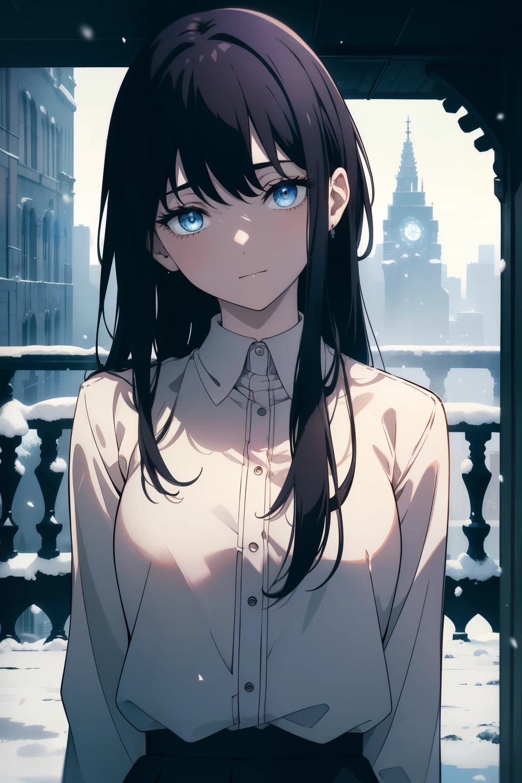 (Obra maestra, La mejor calidad, ultrahigh resolution), 1girl, standing, ((behind balcony, she is leaning over balcony)), school uniform, white office shirt, black pleated skirt, (((light brown, light brown hair:0.7))), long hair cut, pale skin, ((blue eyes)), glowing_eyes, neon eyes, (ultra detailed eyes:0.7, beautiful and detailed face, detailed eyes:0.9), ((centered)), smile, ((wide shot)), facing viewer, eye level, ((vibrant background, snowy landscape, cityscape, snowing, snow)), flat chested, looking at viewer, ((half closed eyes)), ((perfect hands)), (((head:1, arms, hips, elbows, in view))), ((hands behind back)), empty eyes, beautiful lighting, outside, outdoors, background, defined subject, 25 years old, (head tilt)