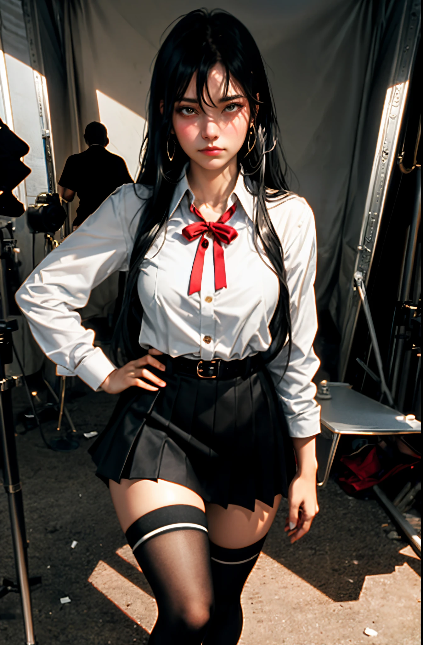 (full figure:1.1), 1 girl as yukino yukinoshita, absurdres, highres, solo, school uniform, big breasts, waist long black hair, (twintails:0.5), miniskirt, (black thighhigh socks:1.1), loose red ribbon, unbuttoned white shirt, (ahegao:1.1), (rolling eyes:1.1), (in a  movie set:1.5)