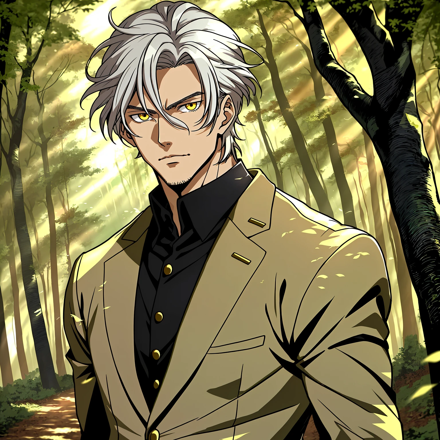 Anime character with white hair and golden eyes in the woods, Anime portrait of a handsome man, Tall anime man with golden eyes, Anime handsome man,