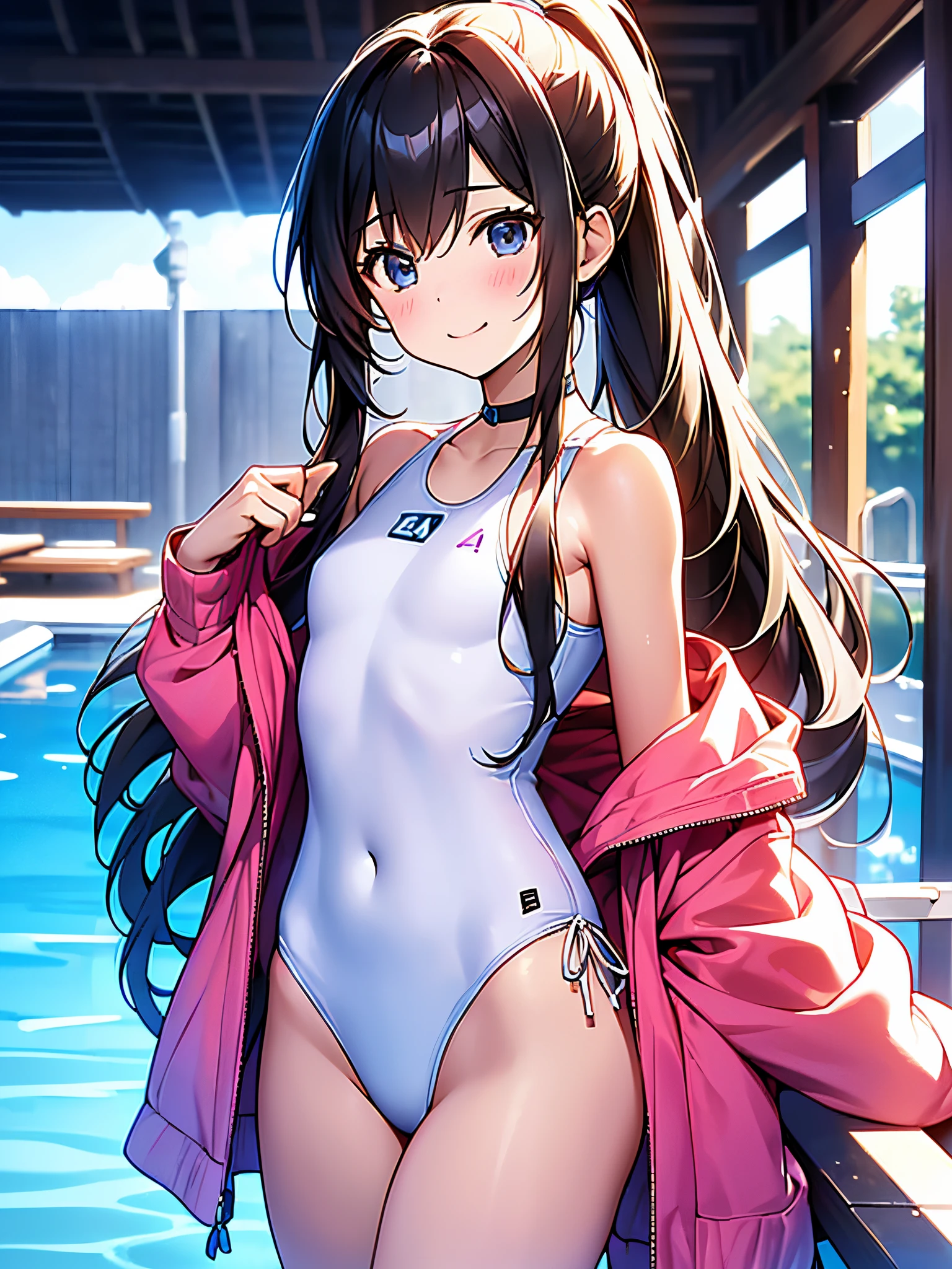 ((4ｋ、8ｋ、top-quality、Perfect Finger：1.3、Perfect Anatomy：1.3、Blur the background))、（two people、The first one has straight long hair、The second person has ponytail hair）、((a junior high school student、14years、Small breasts))、a smile、（Monokini swimsuit）、Full body depiction、zoomout、in poolside、