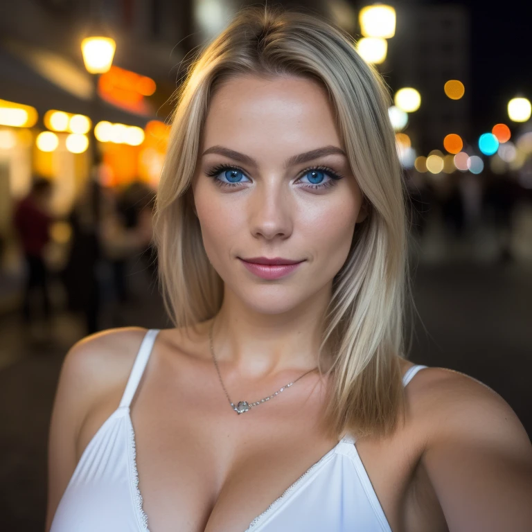 (Selfie, Draufsicht: 1.4), (straight half of the body: 1.4), RAW UHD portrait photo of a 24-year-old blonde (Blue-eyed woman) Eine dunkle Gasse entlanggehen, big boobs,, Stadt bei Nacht, (Rock), (Ausschnitt), Details (Gewebe! , Haar! , Glitzer, Farbe!! , Benachteiligungen: 1.1), shiny eyes with high level of detail (Blick in die Kamera), SLR-Beleuchtung, Spiegelreflexkamera, ultra quality, Sharpness, Depth of field, Filmkorn (Mitte), Fujifilm XT3, kristallklar, Rahmenmitte, Beautiful face, Scharfer Fokus, Streetlight, Neonbeleuchtung, bokeh (schwach beleuchtet), Nacht, (Nachthimmel), Detaillierte Hautporen, Oily skin, Sonnenbrand, Komplexe AugenDetails, full entire body, big boobs