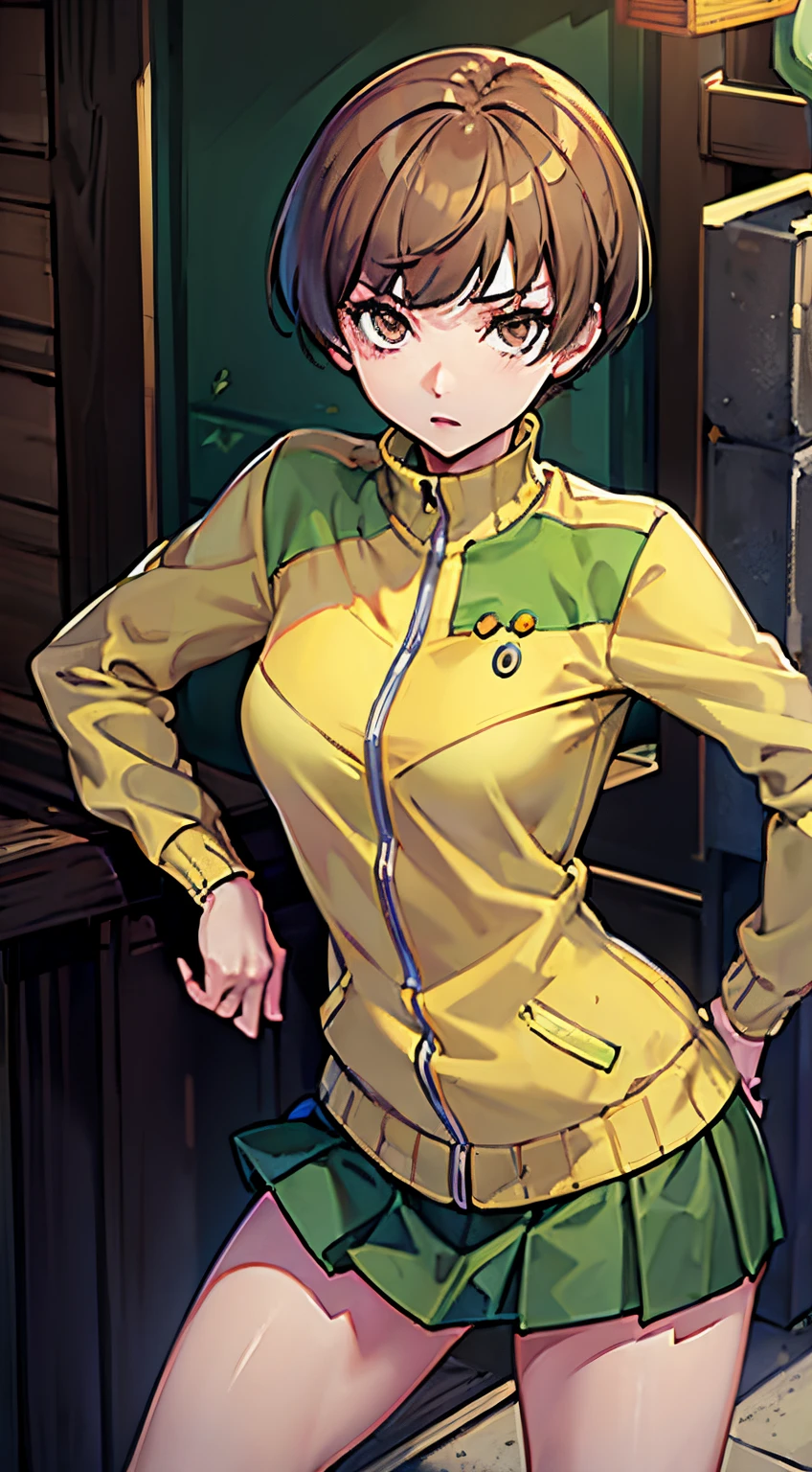 (((masterpiece))), Chie Satonaka wearing her usual green jacket and skirt, outdoor, serious looks