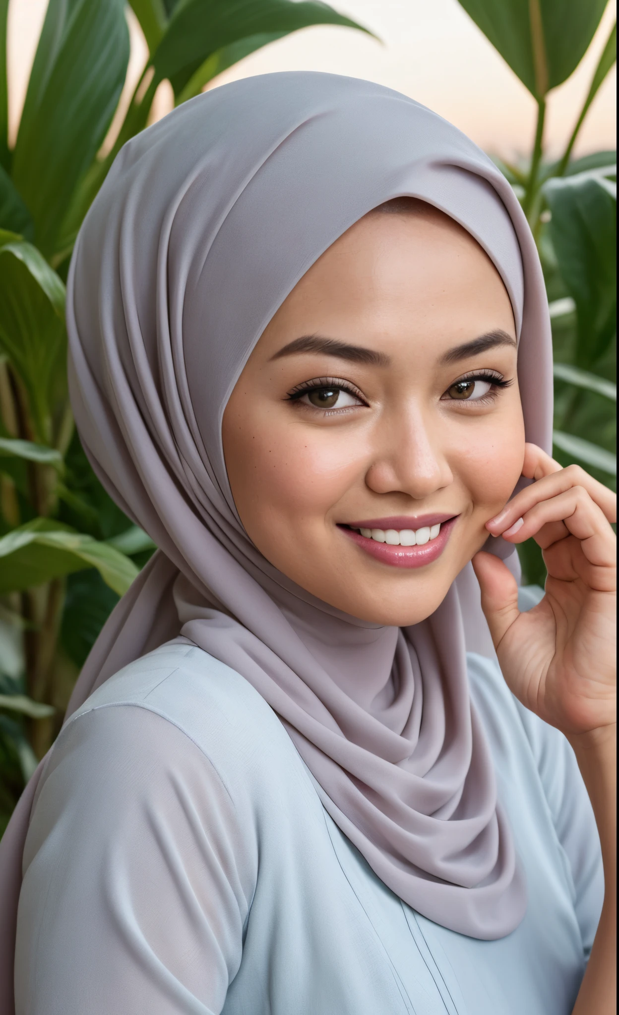 Masterpiece:1.2, high quality, best quality, high resolution, detailed, hyper realistic, 1 malay girl, wear baju kurung, bright short white hair, Shaggy Bob Haircut with Bangs, brown eyes, head tilt, sunset, birds flying, strawberry plant, Portrait, smile, showing teeth,  (detailed face), ((sharp focus)), upper body, mid shot portrait, 35mm lens, Extreme close-up, pastel color grading, depth of field cinematography effect, film noir genre, 8k resolution, high quality, ultra detail,