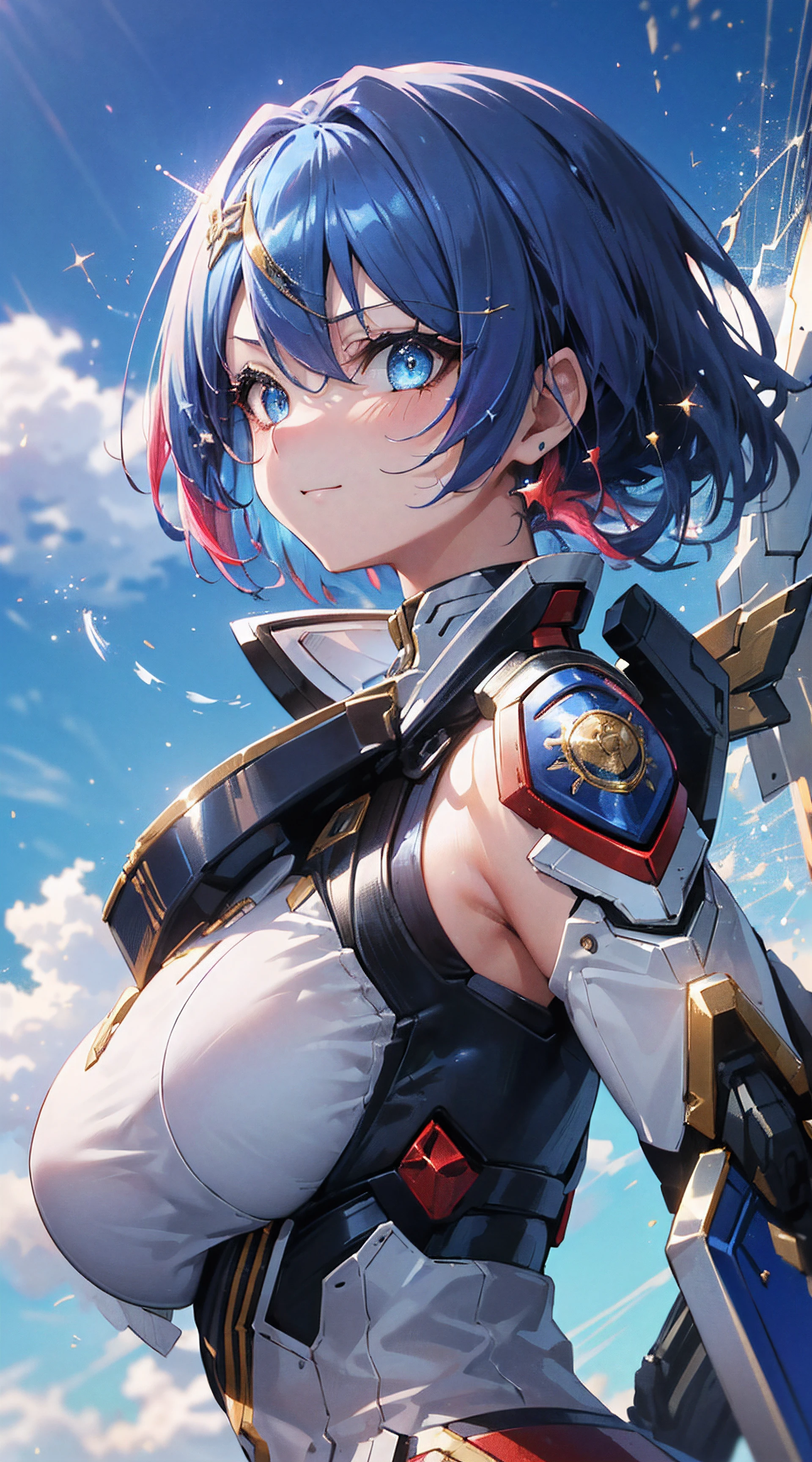 (masutepiece, Best Quality, great, Highly detailed ajectar Unity、8k wallpaper, depth of fields, superfine illustration:1.5), 。.。.。.。.3D, Extremely detailed, (full body Esbian、a mecha girl:1.3), sci-fi battlefield, Looking back, hawken, Smile,  long, (Pink hair, Deep Blue Eyes:1.2), Sparkling eyes, cute  face, kawaii, Large breasts, Delicate hair, Loose and fluffy hair, (floating、Blue sky, white clouds), Shiny hair, Shiny skin, (Metallic colored mechanical wings that spread widely from side to side,  hair adornments), (Particles of light, Cinematic lighting: 1.3), (Thin pink lips: 0.8),