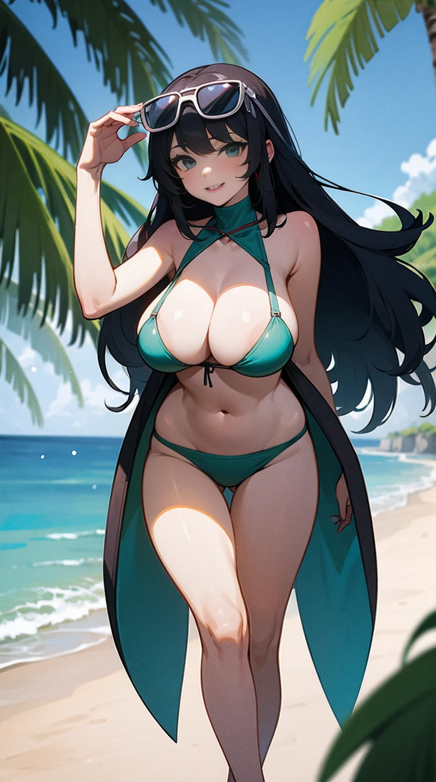 adult lady,adult face,sexy sharpness eyes(yellow),black-bikini(high neck),palm tree,Ocean(emerald green),clear blue sky,Lighting Summer sun,laughing,masterpiece,No extra arms,No extra legs,No extra hands,No extra fingers,ultra quality,ultra detail,ultra precision,8k,large breast,large Thigh,put on head sunglasses,black-longhair(green inner color),
