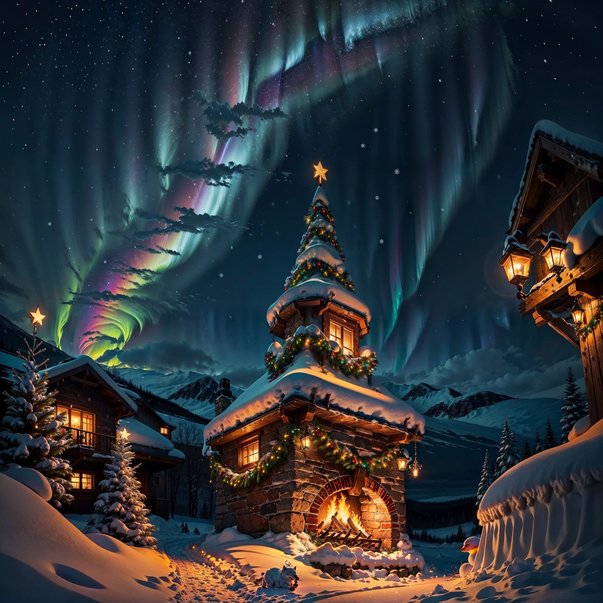 cool christmas night,polar lights,snow,colorful,beautiful