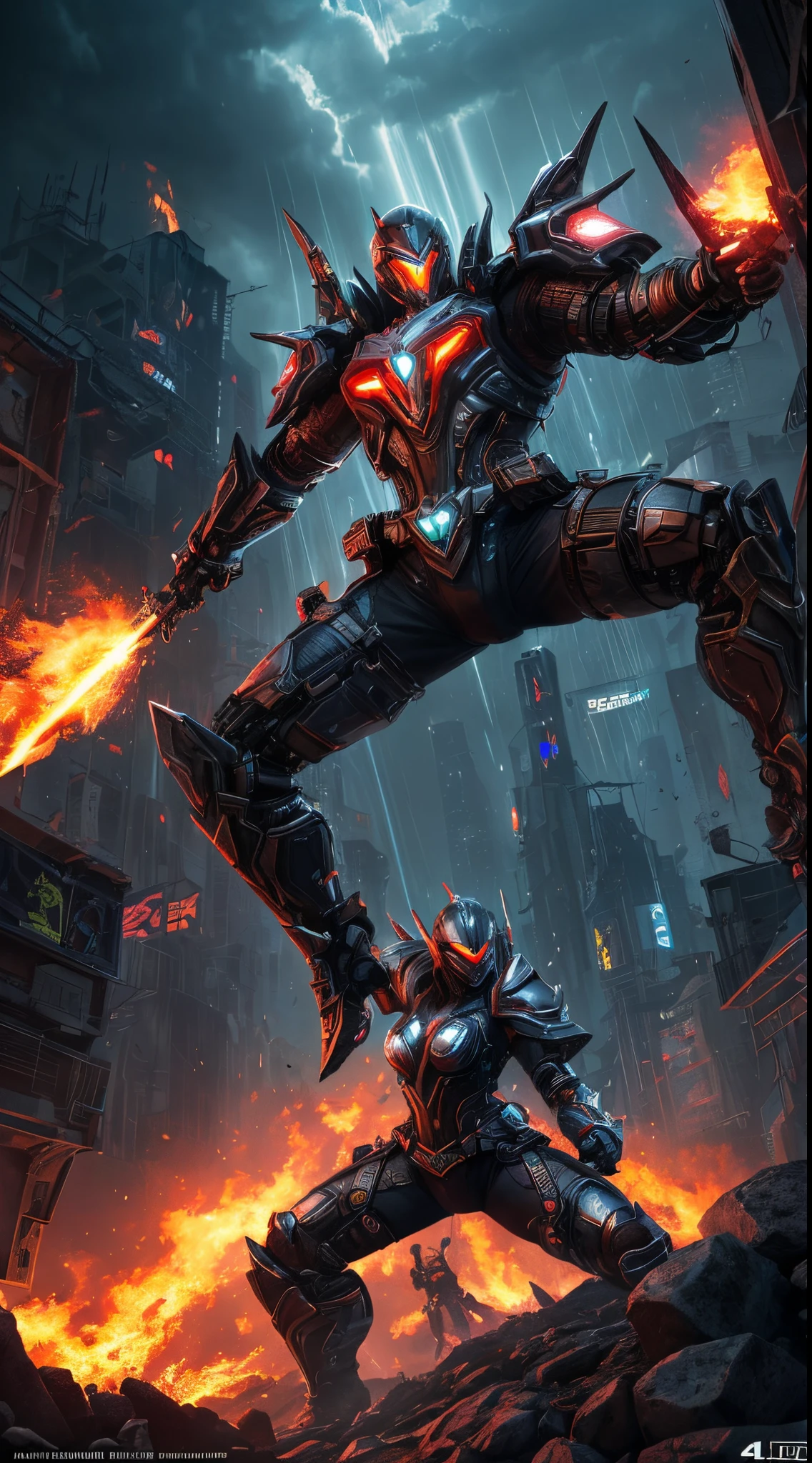 (best quality,4k,8k,highres,masterpiece:1.2),detailed,realistic,ultra-detailed,professional,fine art,marvelous,hdr,majestic lighting,colorful,eye-catching,bokeh,physically-based rendering,sharp focus,[oil painting],cyberpunk,powerful cybernetic warrior woman,weapon raised to the sky,seductively dressed goddess,clinging to her legs,pile of defeated enemies,vivid color palette,ominous dark clouds,fiery explosions,glowing neon lights,technological enhancements,amazing details on armor and weapons,action-packed scene,impressive perspective,showcasing strength and beauty,atmospheric and dynamic,featuring intense motion,rays of light breaking through the darkness