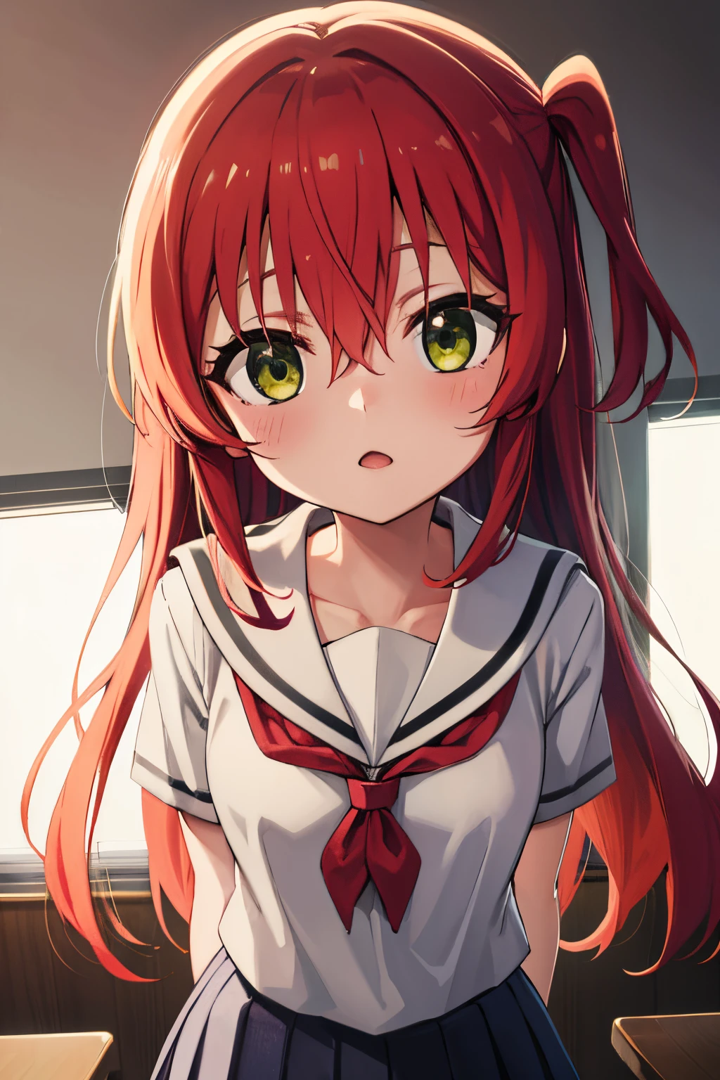 kitaikuyo, ikuyo kita, (green eyes:1.5), hair between eyes, long hair, one side up, red hair, (flat chest:1.2),
BREAK black footwear, black skirt, grey sailor collar, pleated skirt, sailor collar, school uniform, shoes, short sleeves, shuka high school uniform, skirt,,
BREAK looking at viewer,
BREAK indoors, classroom,
BREAK (masterpiece:1.2), best quality, high resolution, unity 8k wallpaper, (illustration:0.8), (beautiful detailed eyes:1.6), extremely detailed face, perfect lighting, extremely detailed CG, (perfect hands, perfect anatomy),up chest.big breasts.