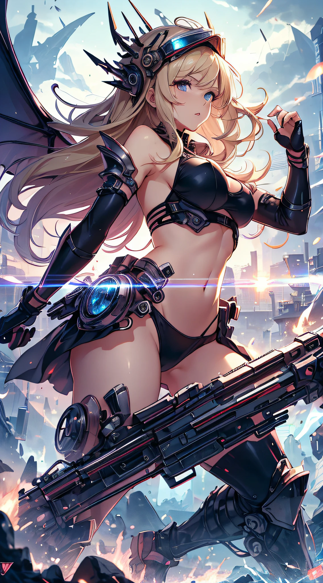 top-quality、Top image quality、​masterpiece、 girl((black mechanic body、Shining red body line、Black Bikini Armor、18year old、 Ager、Best Bust、big bast,Beautiful light blue eyes, Long Blonde Hair、A slender,Large valleys、Reflecting the whole body、black mechanic helmet、Black visor、mechanical red sword、Black wings、rear cable、mid air、flying though the air,fighting poses)),hiquality、Beautiful Art、Background with((research complex、Mechanical Laboratory、bio research、Burning ground、Fire Dragon))​masterpiece、depth of fields,Anime style