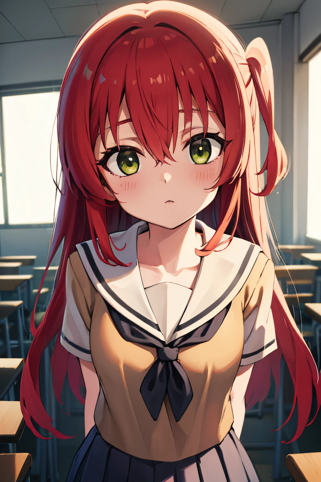 kitaikuyo, ikuyo kita, (green eyes:1.5), hair between eyes, long hair, one side up, red hair, (flat chest:1.2),
BREAK black footwear, black skirt, grey sailor collar, pleated skirt, sailor collar, school uniform, shoes, short sleeves, shuka high school uniform, skirt,,
BREAK looking at viewer,
BREAK indoors, classroom,
BREAK (masterpiece:1.2), best quality, high resolution, unity 8k wallpaper, (illustration:0.8), (beautiful detailed eyes:1.6), extremely detailed face, perfect lighting, extremely detailed CG, (perfect hands, perfect anatomy),up chest.big breasts.
