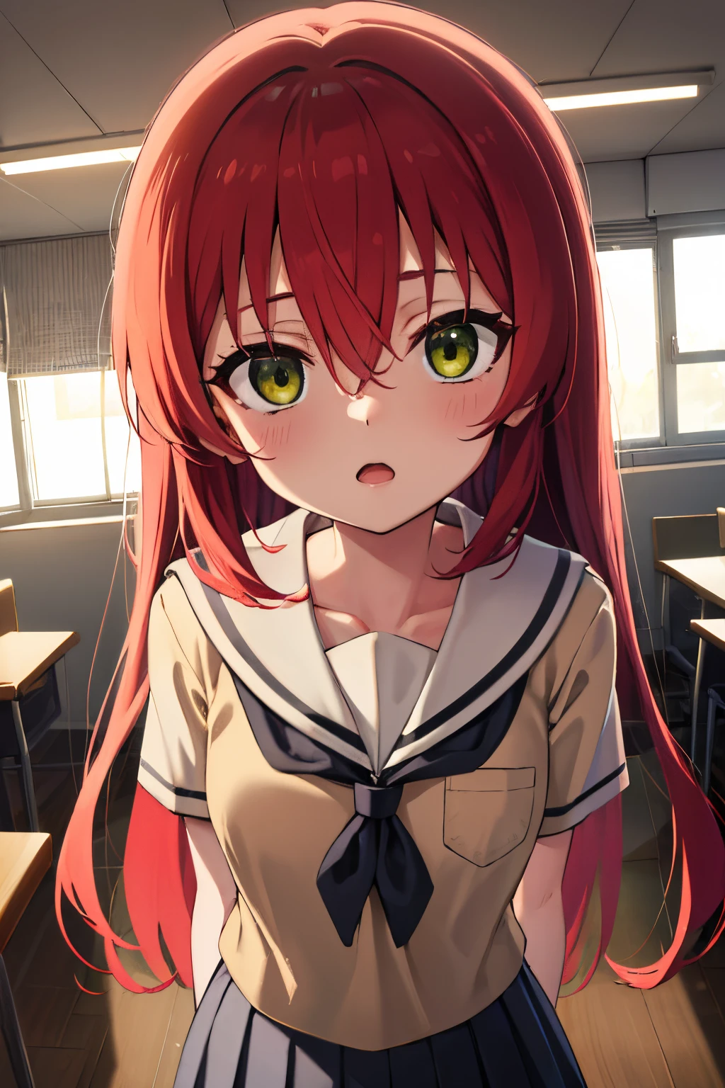kitaikuyo, ikuyo kita, (green eyes:1.5), hair between eyes, long hair, one side up, red hair, (flat chest:1.2),
BREAK black footwear, black skirt, grey sailor collar, pleated skirt, sailor collar, school uniform, shoes, short sleeves, shuka high school uniform, skirt,,
BREAK looking at viewer,
BREAK indoors, classroom,
BREAK (masterpiece:1.2), best quality, high resolution, unity 8k wallpaper, (illustration:0.8), (beautiful detailed eyes:1.6), extremely detailed face, perfect lighting, extremely detailed CG, (perfect hands, perfect anatomy),up chest.big breasts.