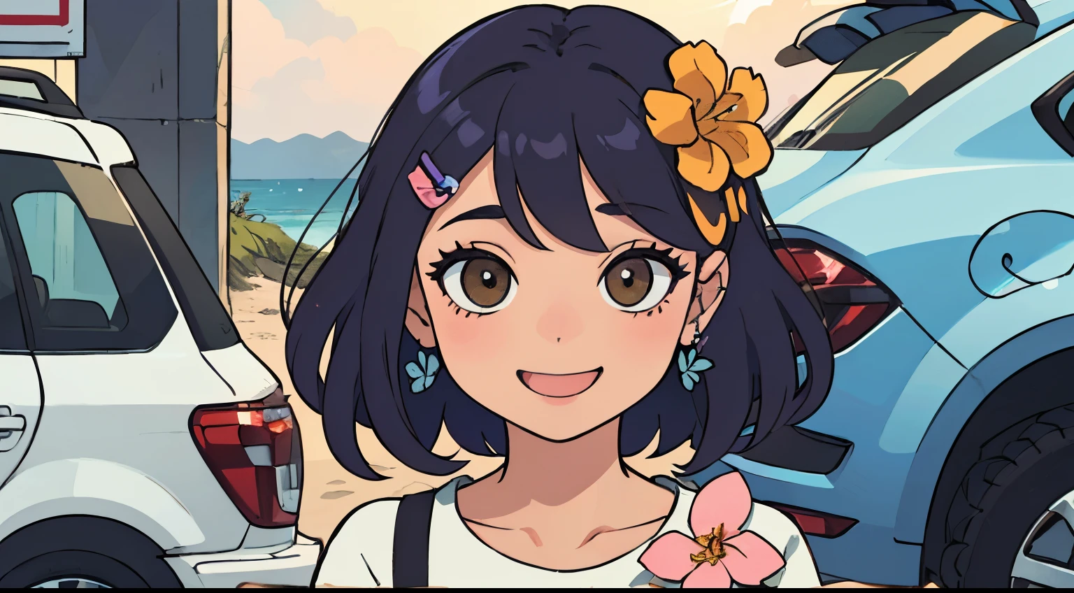 (best quality,high-res,hyper-detailed:1.15),soft lighting,shot in the morning,detailed portrait of a girl posing in front of a car at a beach parking lot,full body shot,accessories on shoes (hairpin,ear nipple ring,flower hair clip,butterfly hair clip),FujiFilm, anatomically correct,smiling with a giggly expression,radiant sunlight