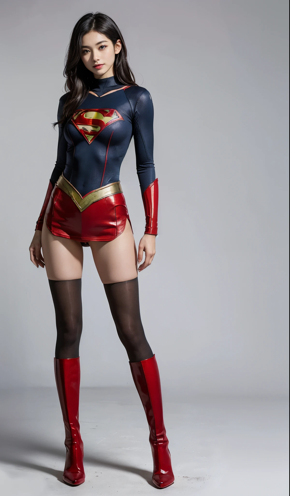 (((Wear black tights on your beautiful legs.)))、(((Grow legs、tall、Legally express the beauty of your smile)))、((((Make the most of the original image)))、(((Supergirl Costume)))、(((beautiful hairl)))、(((Suffering)))、(((Feet must necessarily be worn with black tights)))、(((You need to wear red boots)))、((Top image quality、8K))、((top-quality、8K、​masterpiece:1.3))、(((Keep Background )))、Crisp focus:1.2、Beautiful woman with perfect body shape:1.4、Slender Abs:1.2、a wet body:1.5、Highly detailed facial and skin texture、8K