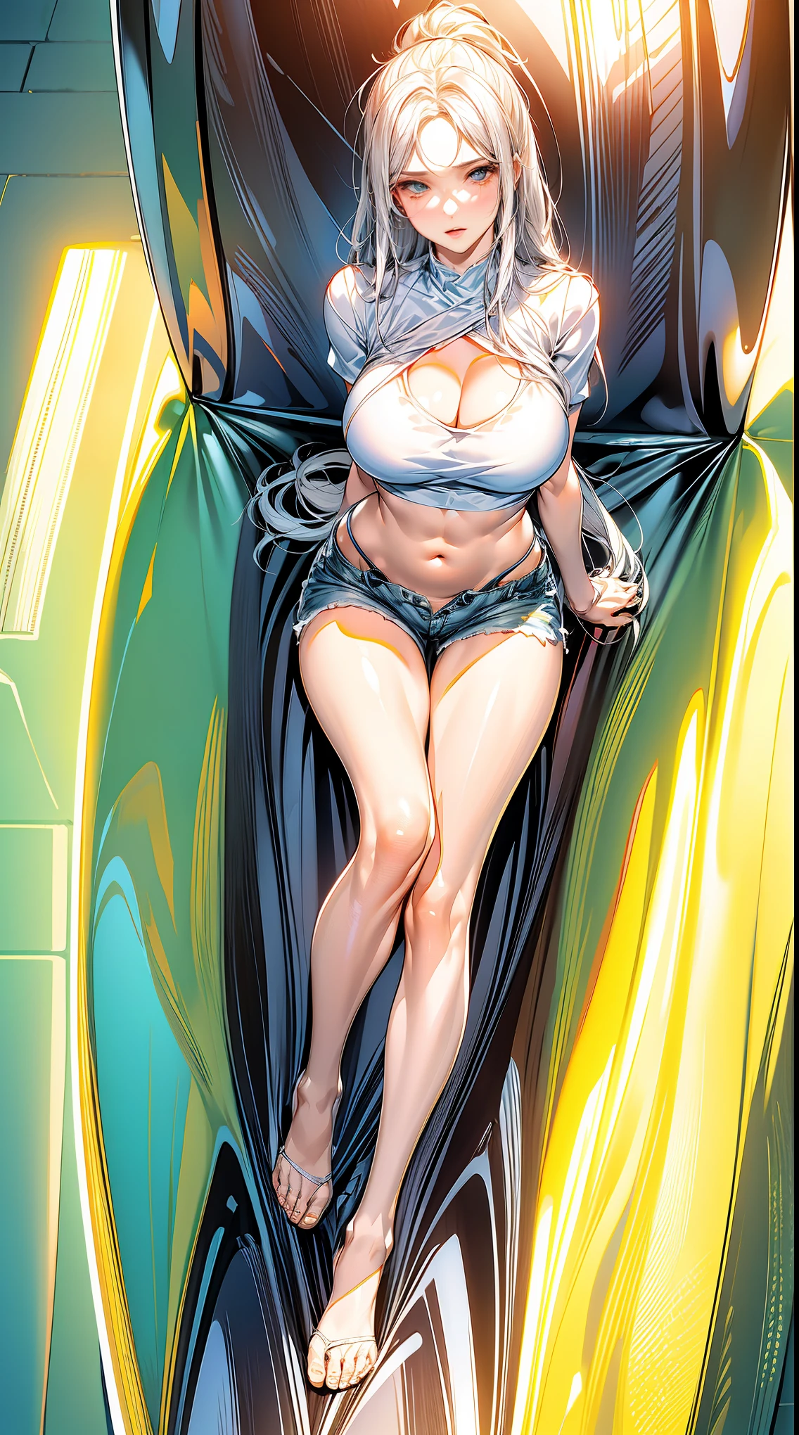 Best quality, tmasterpiece, A high resolution,8K,(realistically:1.4),超A high resolution,1个Giant Breast Girl, ultra - detailed, hyper realisitc, Very detailed CG illustration, offcial art, 电影灯光, actual, Young and beautiful girl, perfect body figure, perfect body figure, full pov, perfect bodies, (Starting below:1.3), lacivious pose, long sexy legs, Self-confident, Beautiful Sexy, Gray short sleeves, Open the abdomen, Super Shorts, S-shaped body, hip is cocked,placed in a,lewd poses,Different Perspectives