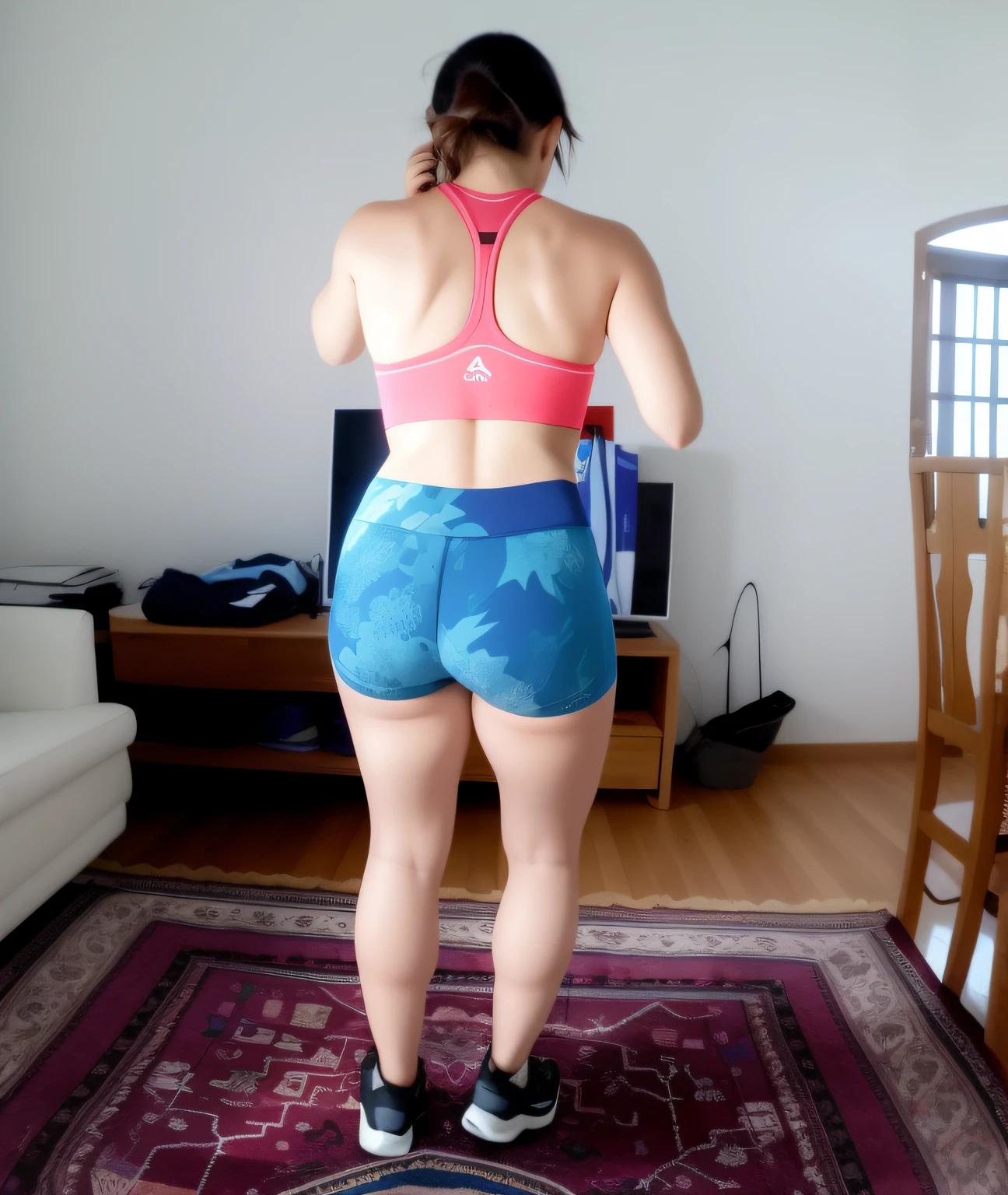 there is a woman in a sports bra and shorts standing on a rug, Backview, sport bra and shorts, from the back, seen from back, view of the back, back pose, tiro nas costas, tiro traseiro, Costas - Pneu, voltar - ver, Back view!!, sport bra and dark blue shorts, tiro pelas costas
