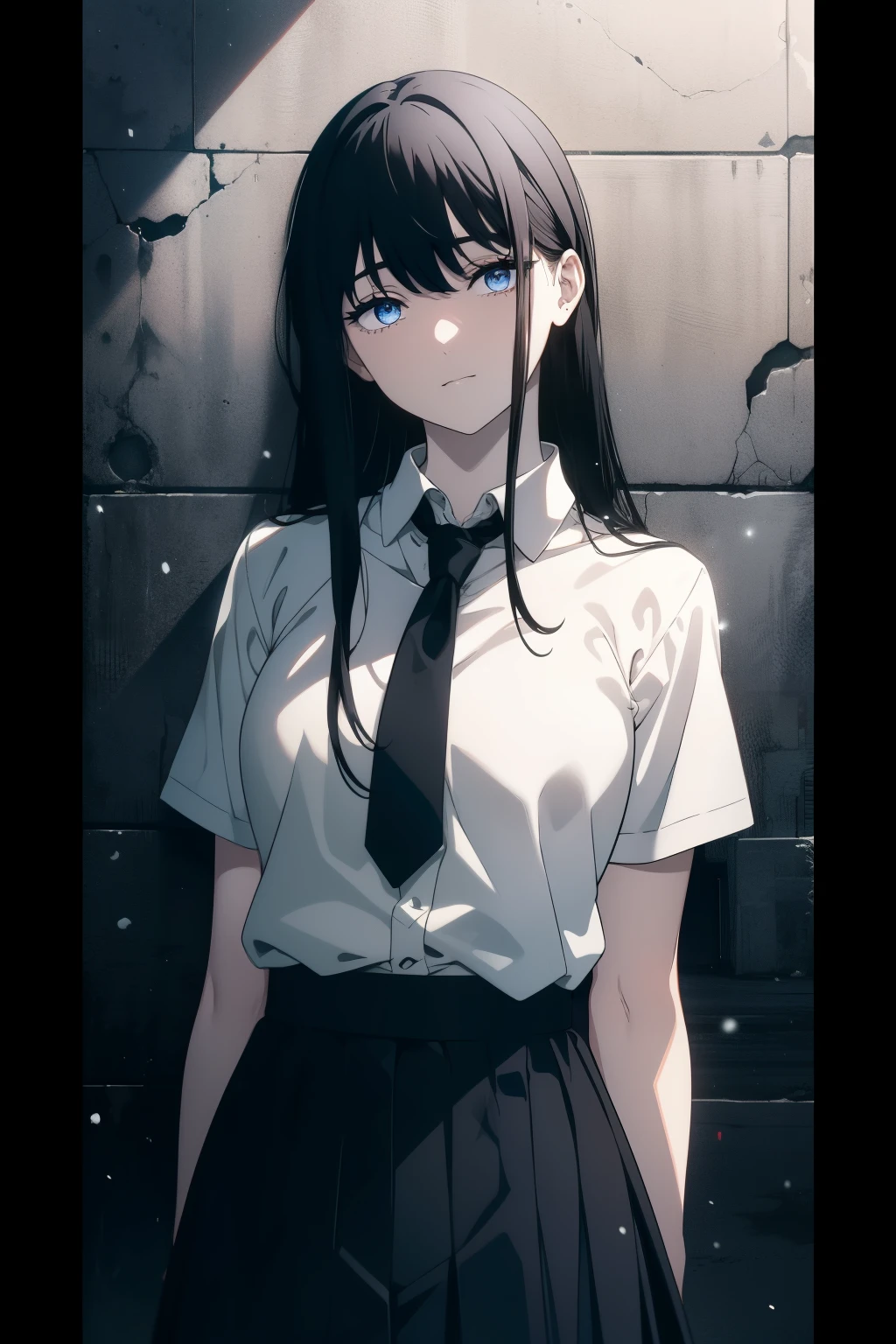(Obra maestra, La mejor calidad, ultrahigh resolution), 1girl, standing, school uniform, white office shirt, black pleated skirt, (((black hair, dark black hair))), long hair cut, pale skin, ((blue eyes)), glowing_eyes, neon eyes, (ultra detailed eyes:0.7, beautiful and detailed face, detailed eyes:0.9), ((centered)), smile, ((wide shot)), facing viewer, eye level, ((vibrant background, snowy landscape, cityscape, snowing, snow)), flat chested, looking at viewer, ((half closed eyes)), ((perfect hands)), (((head:1, arms, hips, elbows, in view))), ((hands behind back)), empty eyes, beautiful lighting, outside, outdoors, background, defined subject, 25 years old, (head tilt)