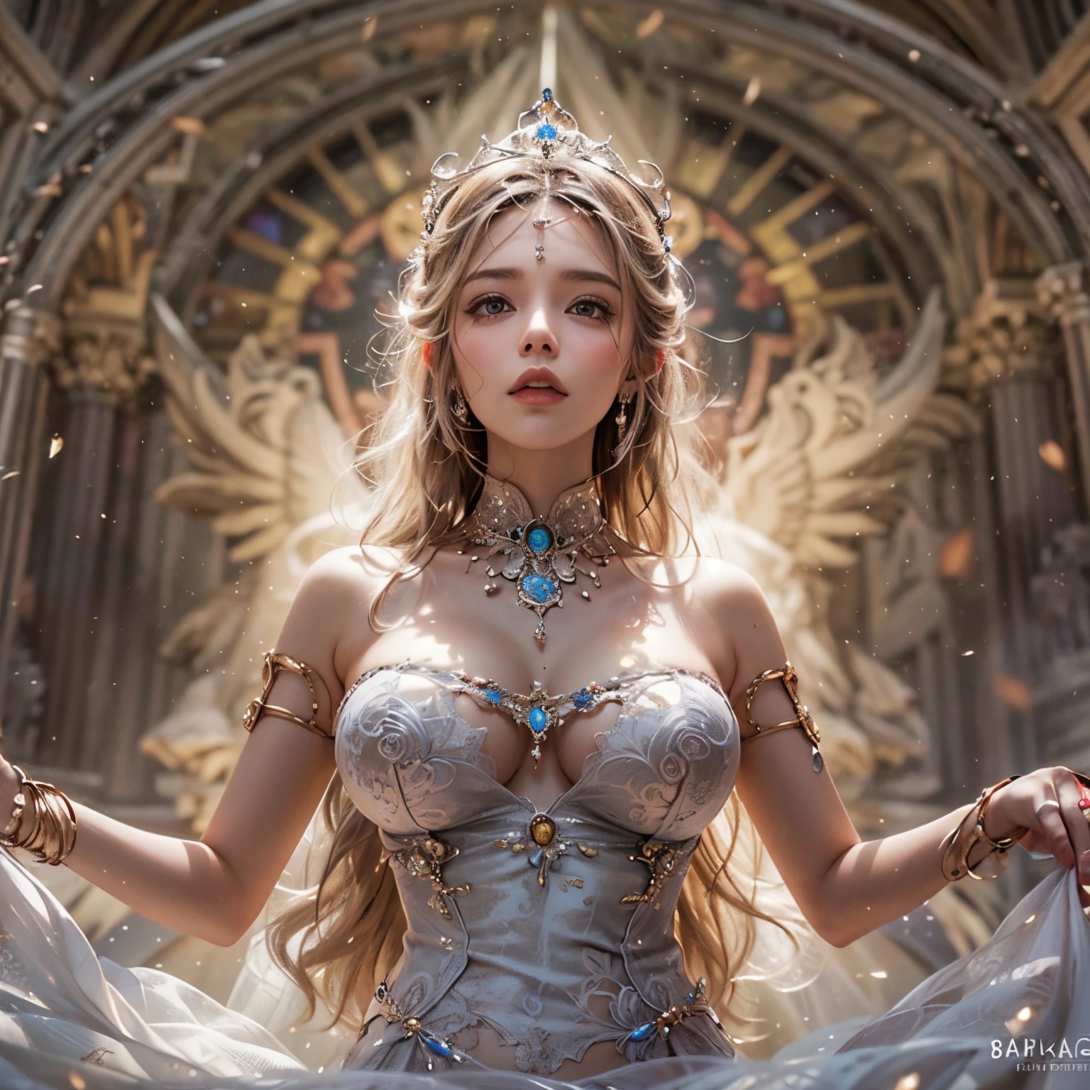 from below:1.2, (((masutepiece:1.35))), (((8K))), (((hight resolution))), surrealism, god rays, Zoom Layer, (((photorealistic:1.37))), F/4.0, canon, Detailed glistening skin,Detailed face, Detailed eyes, Beautiful bride goddess, Princes Tiara, delicate lace knitted see-through wedding dresses, Mystical sight, ((Light shines through stained glass:1.2)), Gigantic Cleavage:1.37, Overflowing, Biomechanical HUGE and HEAVY boob, (navel), (brilliant simple ruby accessories), { ((correct hands))|((hidden hands)) }