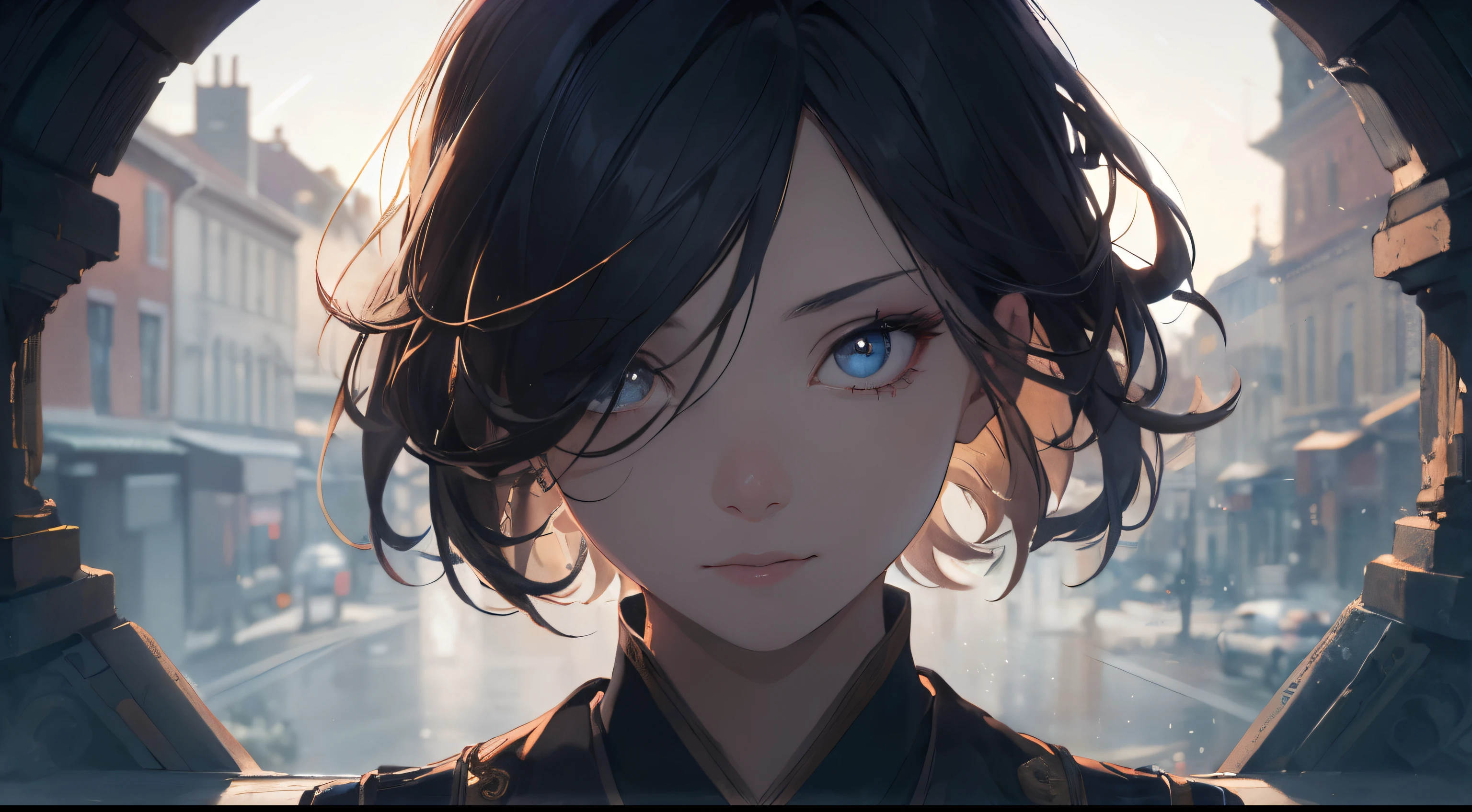 1girl in, (((shorth hair))), jugendstil,(​masterpiece, top-quality, Near and far law, depth of fields:1.5), beautiful countenance, 8k, Raw foto, HDR, Photorealsitic, film grains, chromatic abberation, hight resolution, ultra-detailliert, finely detail, 动态照明, Dramatic lighting、shadowy、extremely detailed eye and face、Round pupils、Realistic pupils、clean back ground