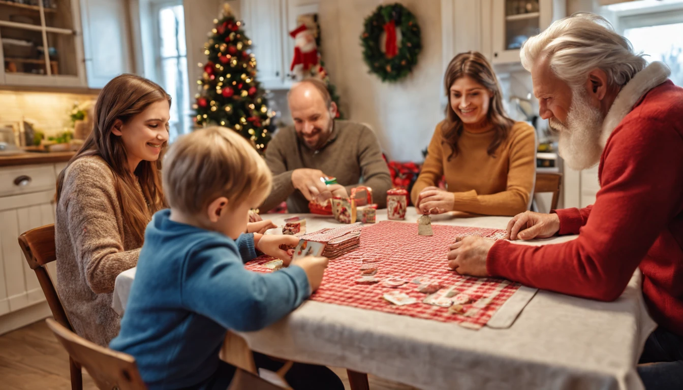 Breathtaking cinematic photo of a real Hyperrealistic christmas life picture of a((( family playing card game at the table in the kitchen, Christmas tablecloth, Christmas decoration in the environment, intimate)))) decorated with (((mistletoe))) and golden christmas tree decorations, on and antique wooden table covered with christmas table cloth, in the background multicolored led lights (red, blue, green, yellow), extremely high-resolution details, photorealism, realistic lifelike textures, masterpiece, best quality, sharp focus, photorealism, photorealistic, 8k, volumetric light, (intricate details), hdr, high detailed, high quality, soft cinematic light, dramatic atmosphere, atmospheric perspective, ultra realistic, neutral colors, cinematic lighting, wide angle, film grain, dslr, raw photo, photo,