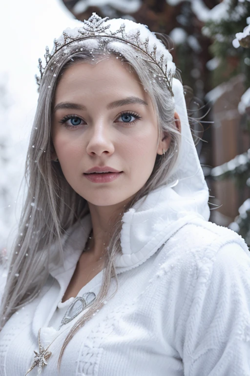 Beautiful girl, blue eyes, white hair, detailed facial traits, national turkic female dress, naked breasts, yurta behind, it's snowing