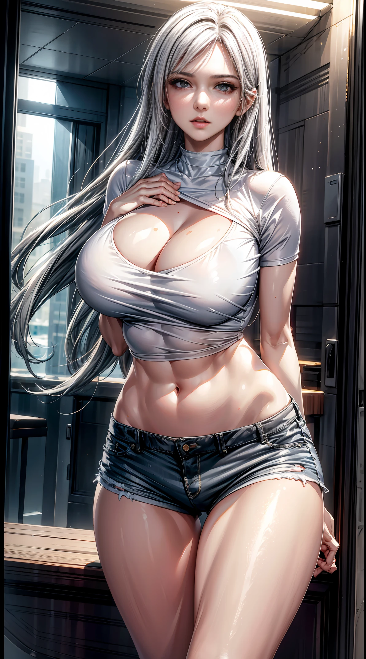 Best quality, tmasterpiece, A high resolution,8K,(realistically:1.4),超A high resolution,1个Giant Breast Girl, ultra - detailed, hyper realisitc, Very detailed CG illustration, offcial art, 电影灯光, actual, Young and beautiful girl, perfect body figure, perfect body figure, full pov, perfect bodies, (Starting below:1.3), lacivious pose, long sexy legs, Self-confident, Beautiful Sexy, Gray short sleeves, Open the abdomen, Super Shorts, S-shaped body, hip is cocked,placed in a,lewd poses,Different Perspectives