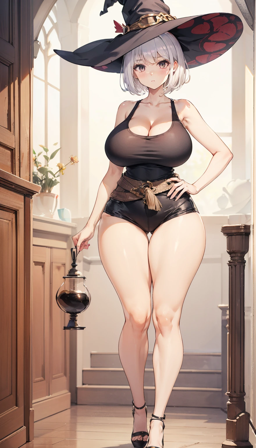 (big breasts, huge breasts), SFW, (short ((white hair))), ( witch hat, tank top), curvy, hourglass figure, thin waist, tall legs, tall girl, slim figure, slim girl, long legs, thin legs, wide hips, slim proportions