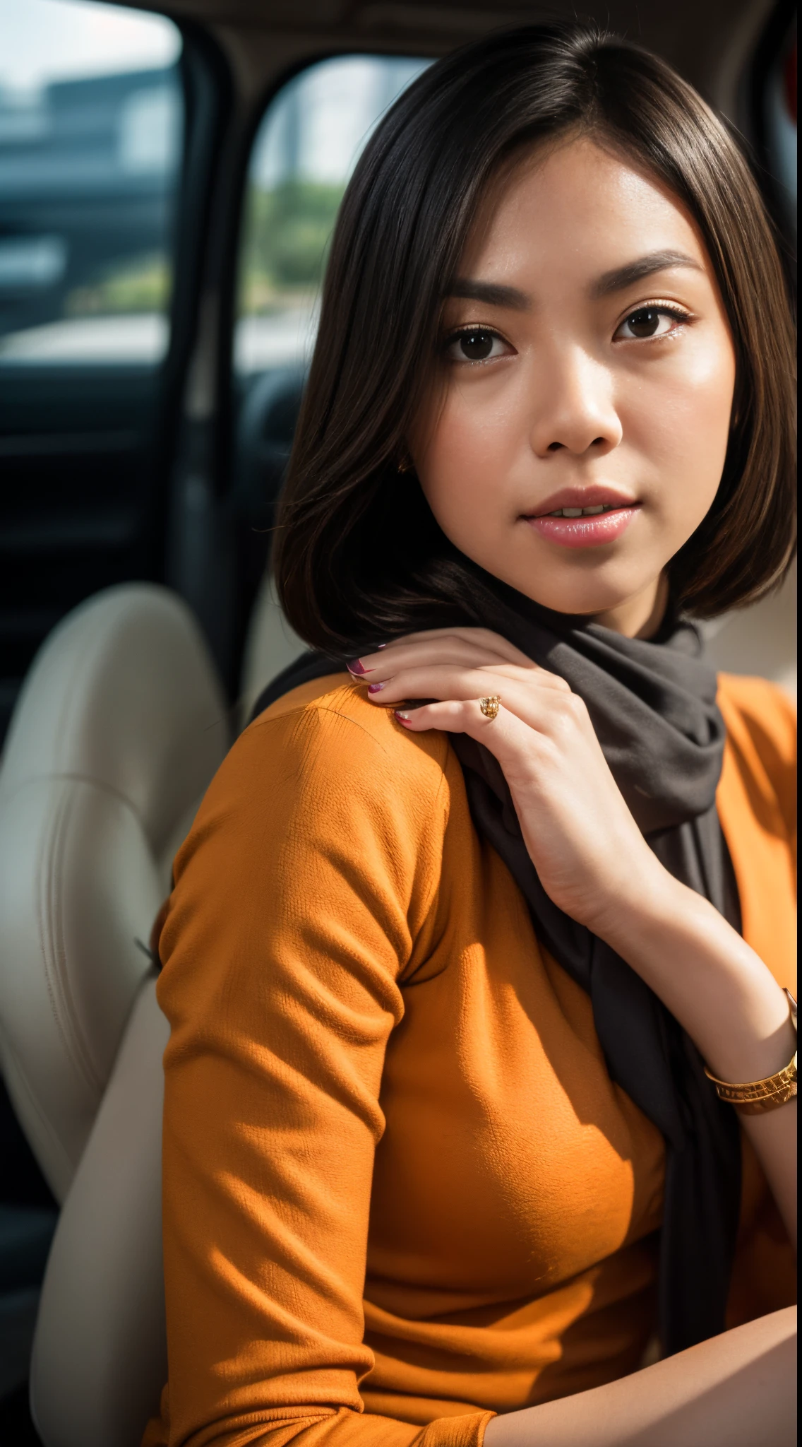 Illustrate a thrilling heist scene where the Malay woman wears a sophisticated ensemble inspired by 'The Italian Job,' pastel orange outfit exuding confidence as she plans the perfect caper, 35mm lens, Extreme close-up, pastel color grading, depth of field cinematography effect, film noir genre, 8k resolution, high quality, ultra detail,