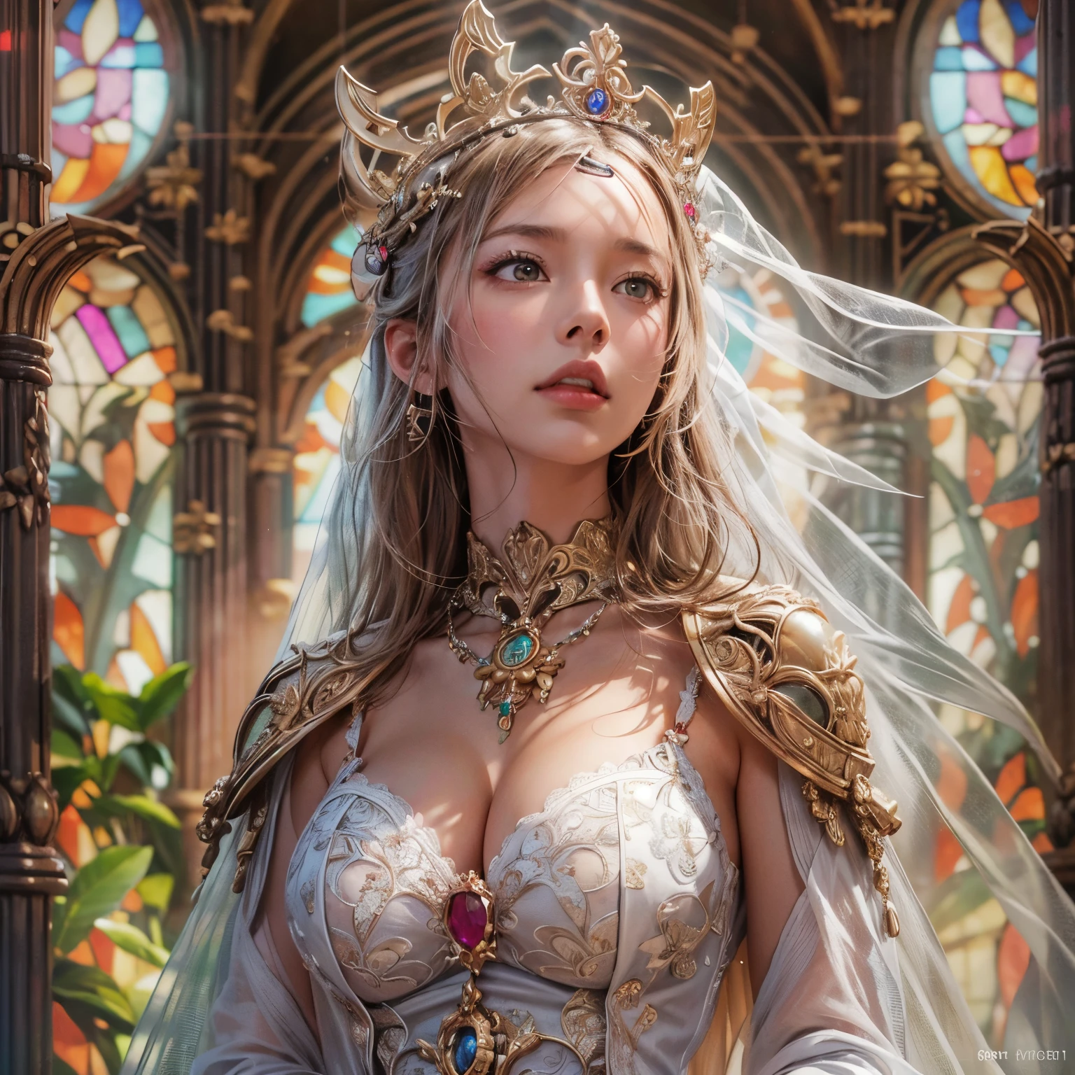 from below:1.2, (((masutepiece:1.35))), (((8K))), (((hight resolution))), surrealism, god rays, Zoom Layer, (((photorealistic:1.37))), F/4.0, canon, Detailed glistening skin,Detailed face, Detailed eyes, Beautiful bride goddess, Princes Tiara, delicate lace knitted see-through wedding dresses, Mystical sight, ((Light shines through stained glass:1.2)), Gigantic Cleavage:1.37, Overflowing, Biomechanical HUGE and HEAVY boob, (navel), (brilliant simple ruby accessories), { ((correct hands))|((hidden hands)) }