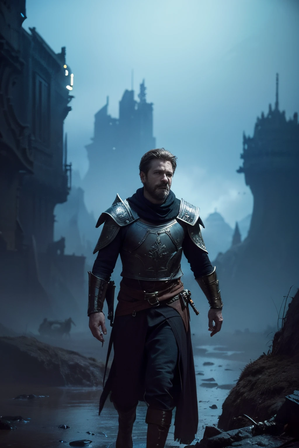 A man in medieval costume，greg beeple, epic fantasy sci fi illustration, craig mullins nekro, craig mullins style, by Tyler Jacobson, paul lehr and beeple, concept art futuristic norse, Inspired by Craig Mullins, Complex concept art painting, Destiny concept art, Craig Mullins Key to Darkness
