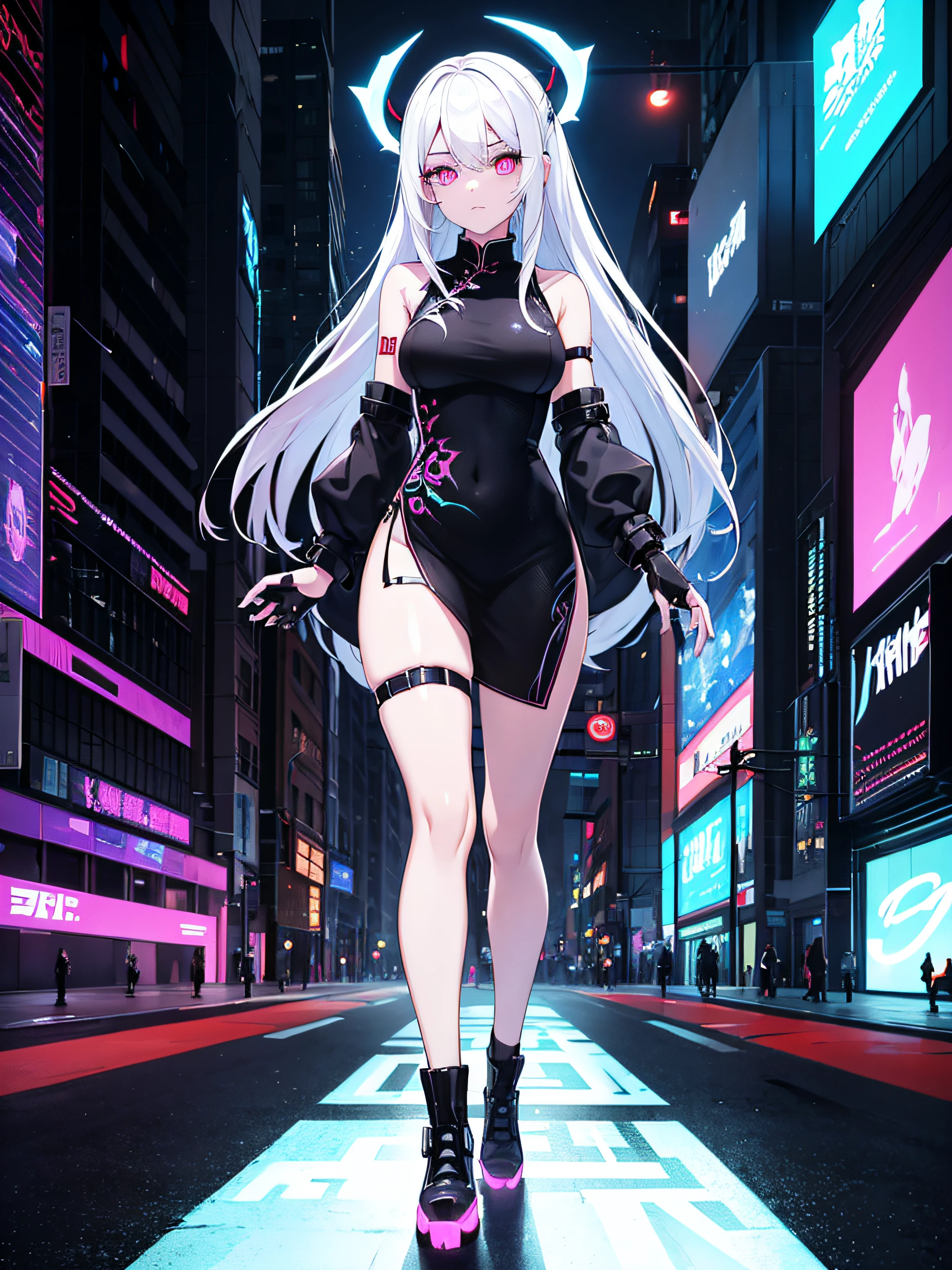 1girl, white colored hair, Long hair, Cyber Eyes, walk, hiquality, glowing eyes, ciberpunk, Cyber Arm, glowing tattoo, full - body, Chinese dress, Black stockings, night city