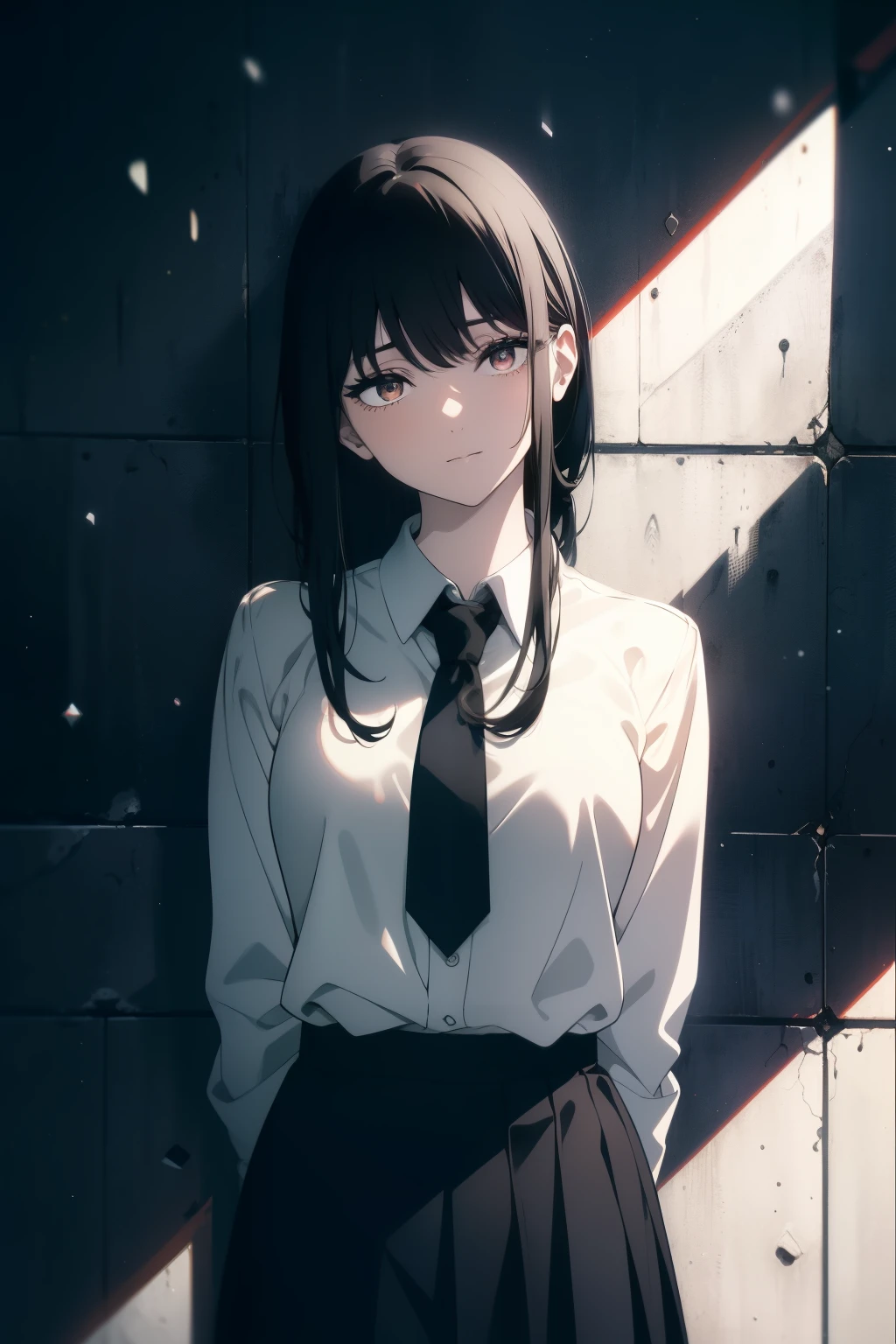 (Obra maestra, La mejor calidad, ultrahigh resolution), 1girl, standing, school uniform, white office shirt, black pleated skirt, (((black hair, dark black hair))), long hair cut, pale skin, ((brown eyes)), glowing_eyes, neon eyes, (ultra detailed eyes:0.7, beautiful and detailed face, detailed eyes:0.9), ((centered)), smile, ((wide shot)), facing viewer, eye level, ((vibrant background, snowy landscape, cityscape, snowing, snow)), flat chested, looking at viewer, ((half closed eyes)), ((perfect hands)), (((head:1, arms, hips, elbows, in view))), ((hands behind back)), empty eyes, beautiful lighting, outside, outdoors, background, defined subject, 25 years old, (head tilt)